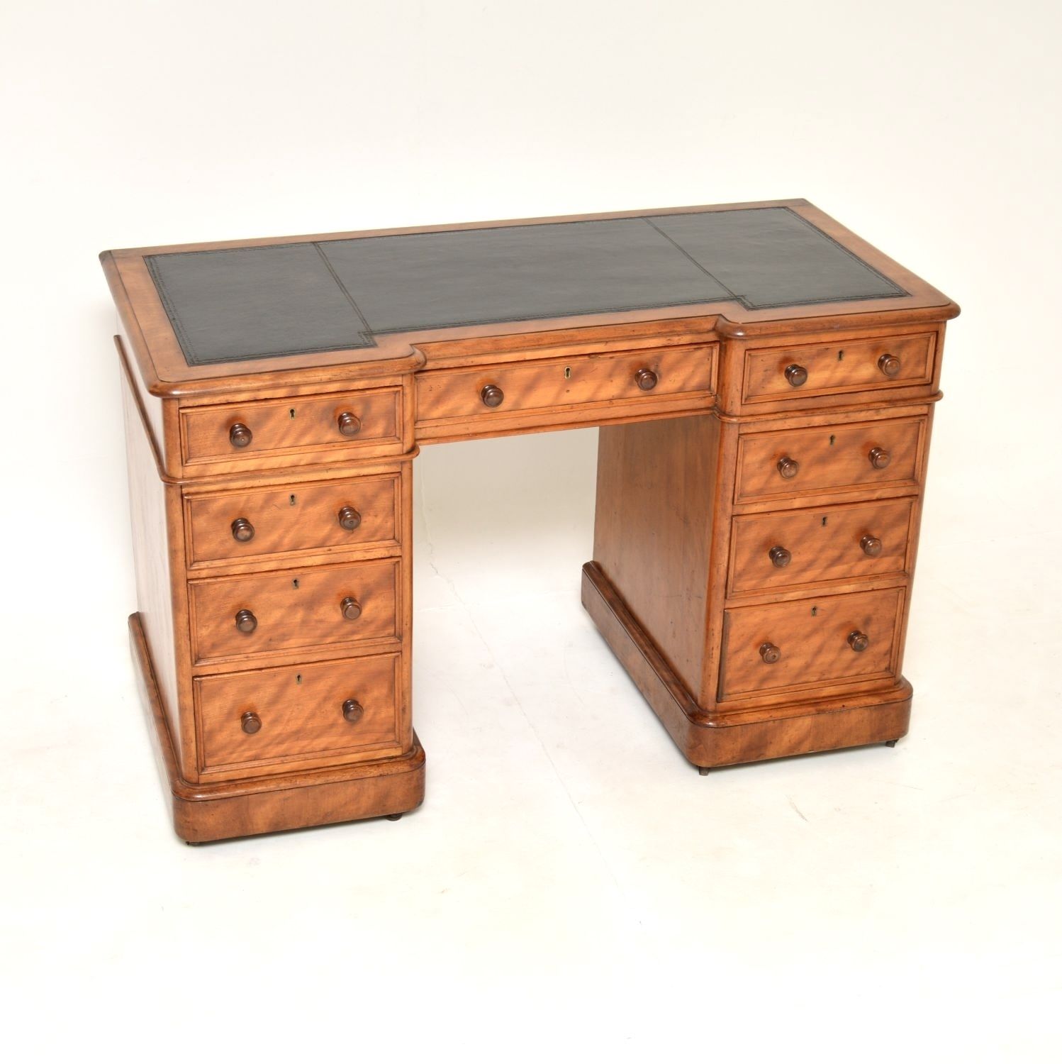 Antique Victorian Satinwood Leather Top Pedestal Desk