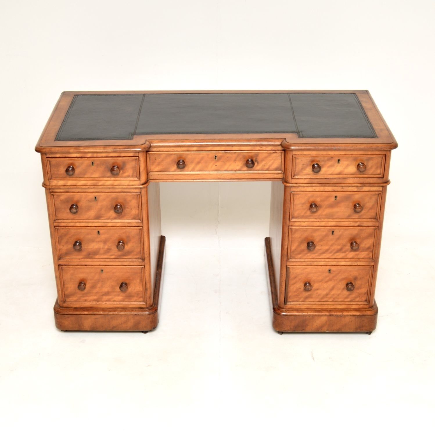 Antique Victorian Satinwood Leather Top Pedestal Desk photo furniture