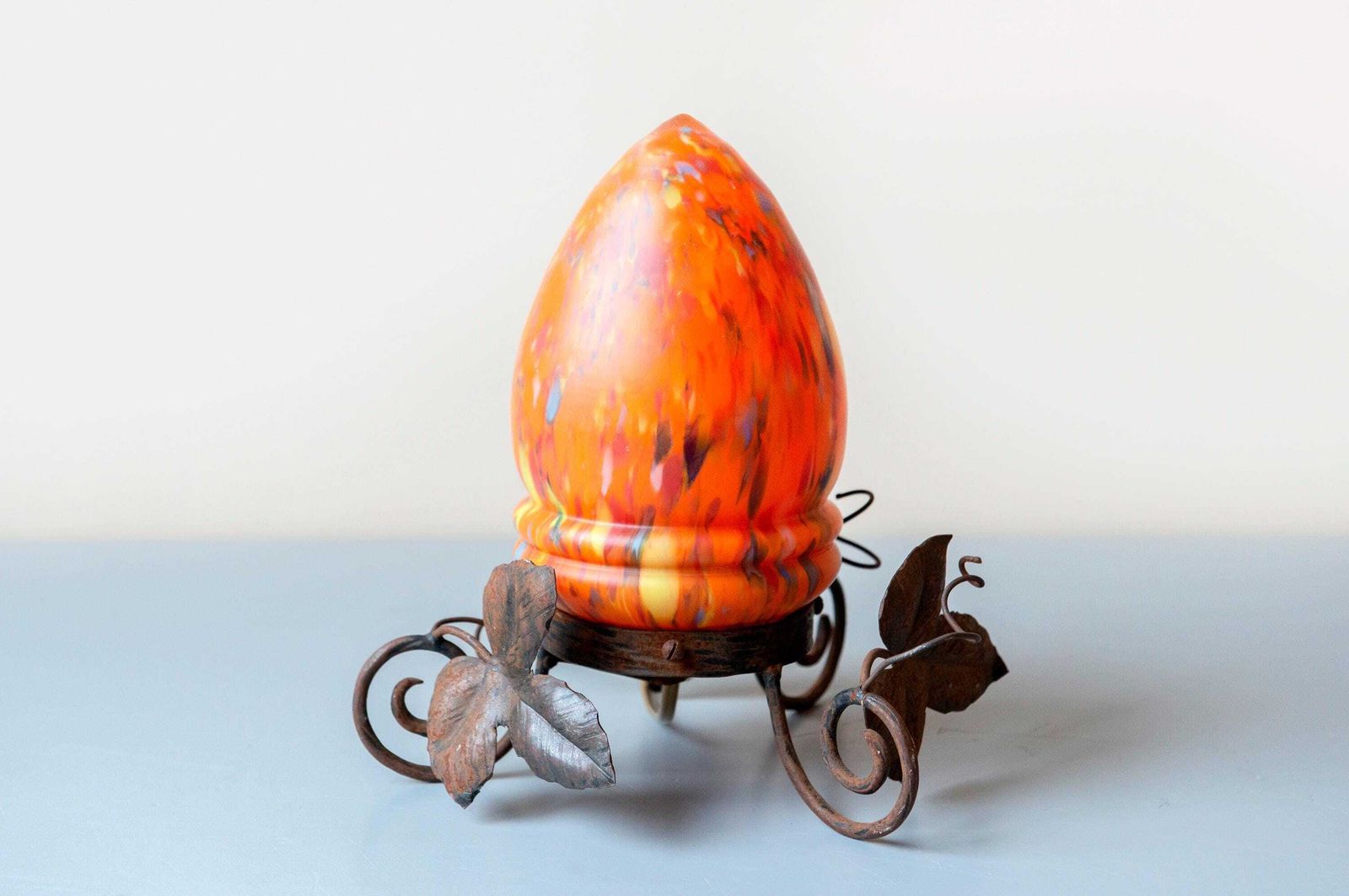 Antique Art Nouveau Wrought Iron Table Lamp – Marbled Art Glass Shade, Leaf Motif Base
