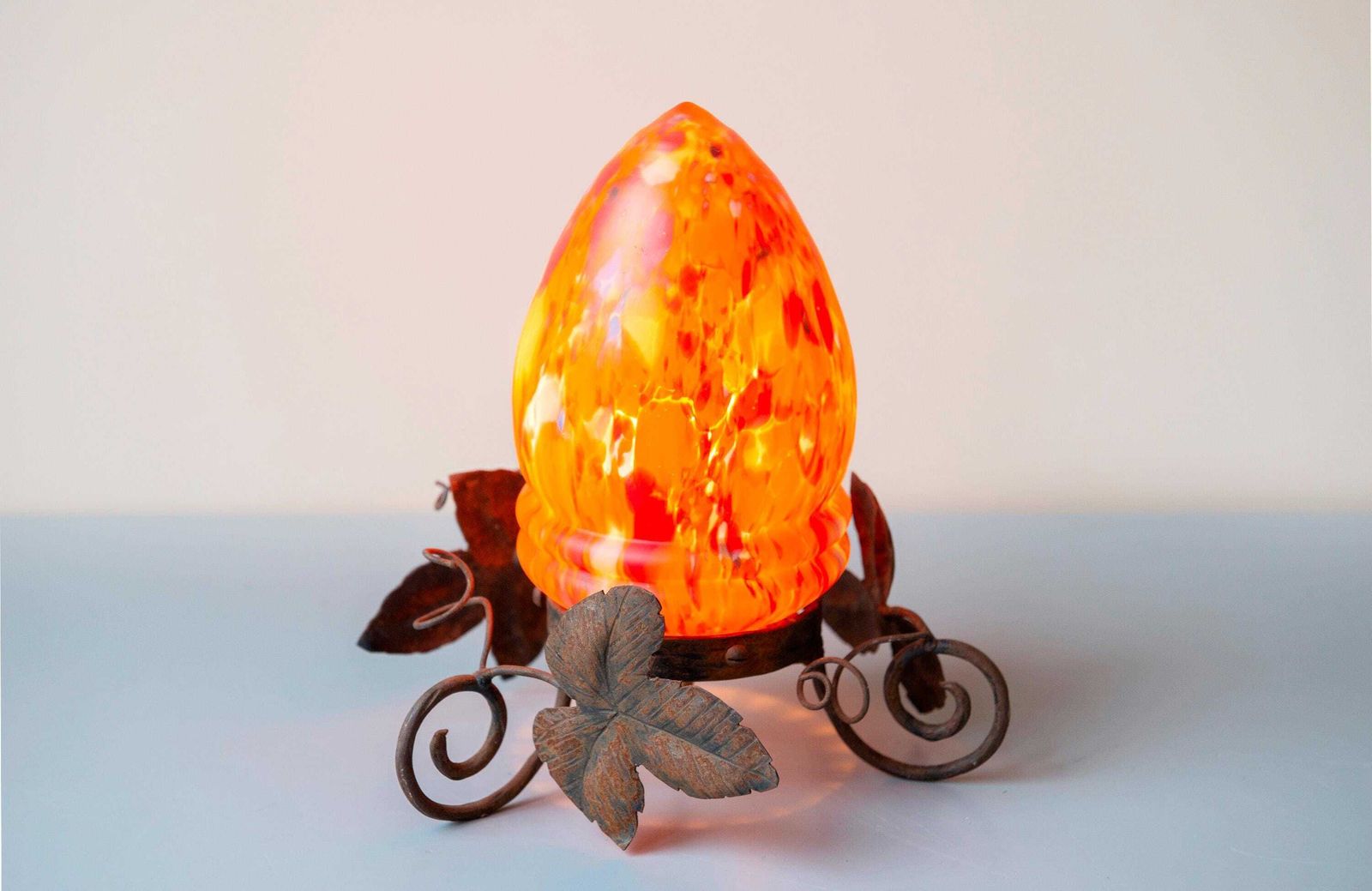 Antique Art Nouveau Wrought Iron Table Lamp – Marbled Art Glass Shade, Leaf Motif Base photo 300.0