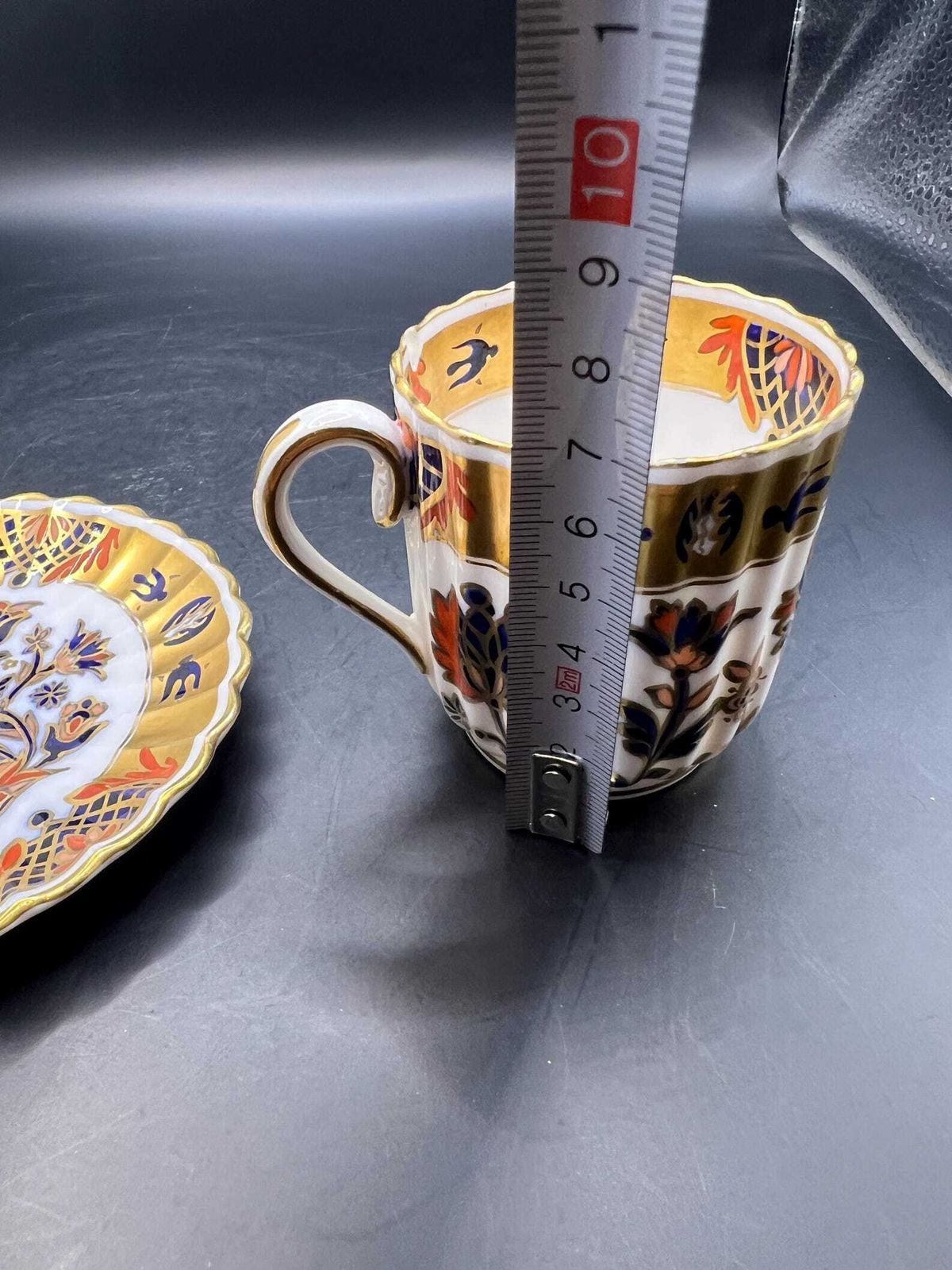 photo furniture Antique Coffee Can  Tea Cup And Saucer Vibrant Imari Pattern With Gold Gilt Stamped Copeland 5.257. As Is