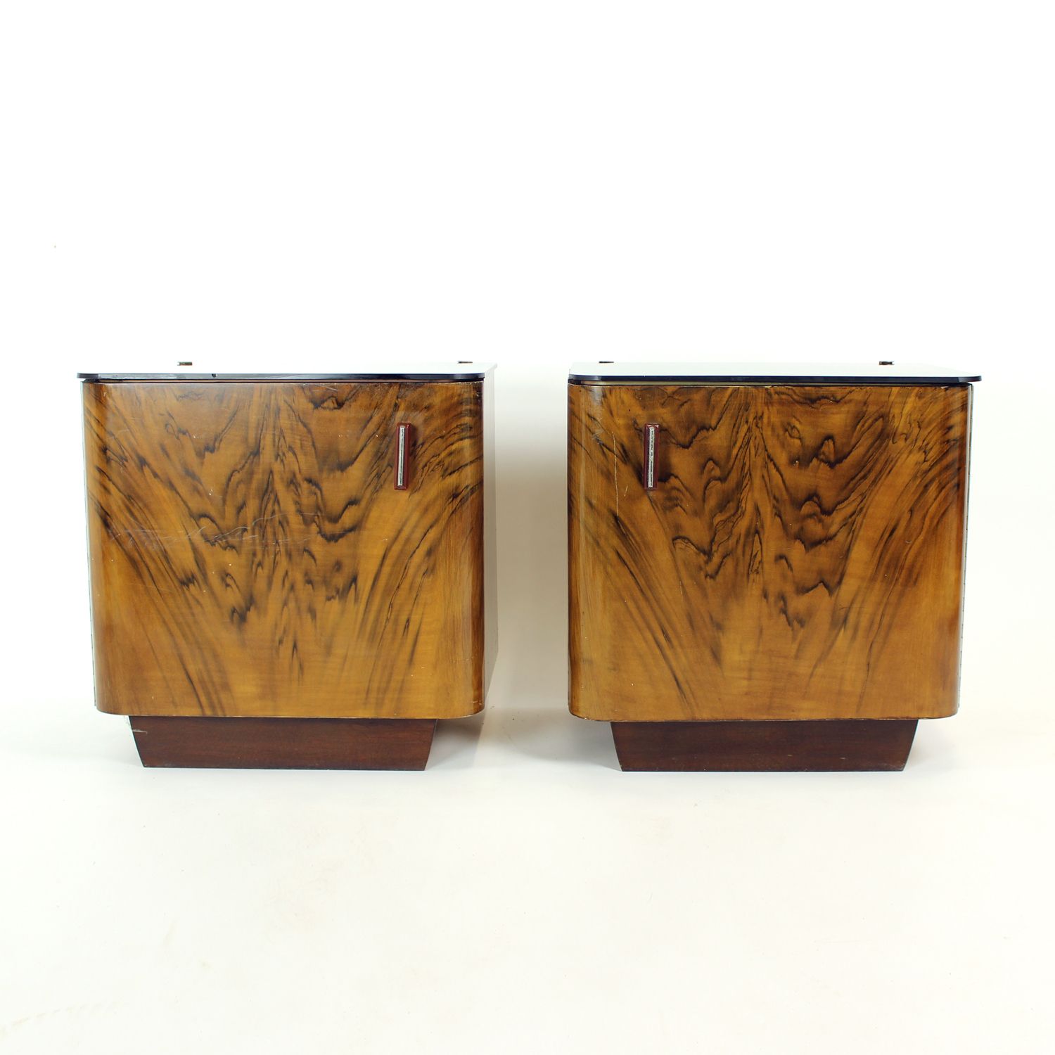 Pair Of Art Deco Bedside Tables With Faux Wood Graining & Glass, Czechoslovakia, 1940s photo furniture