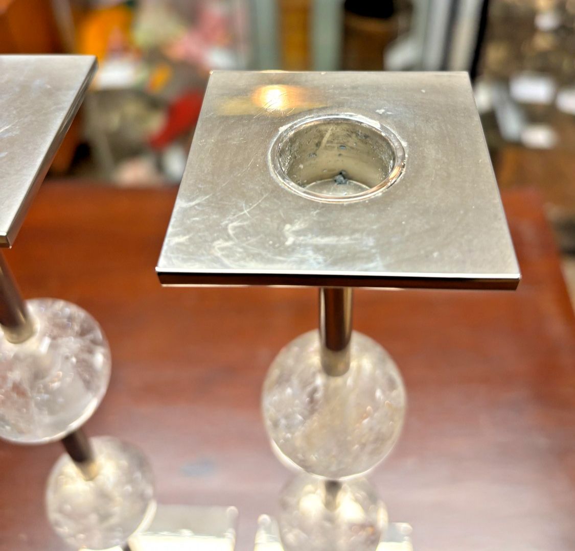 Pair Of Anna New York Chrome Metal & Clear Quartz Candlesticks As Found photo vinterior