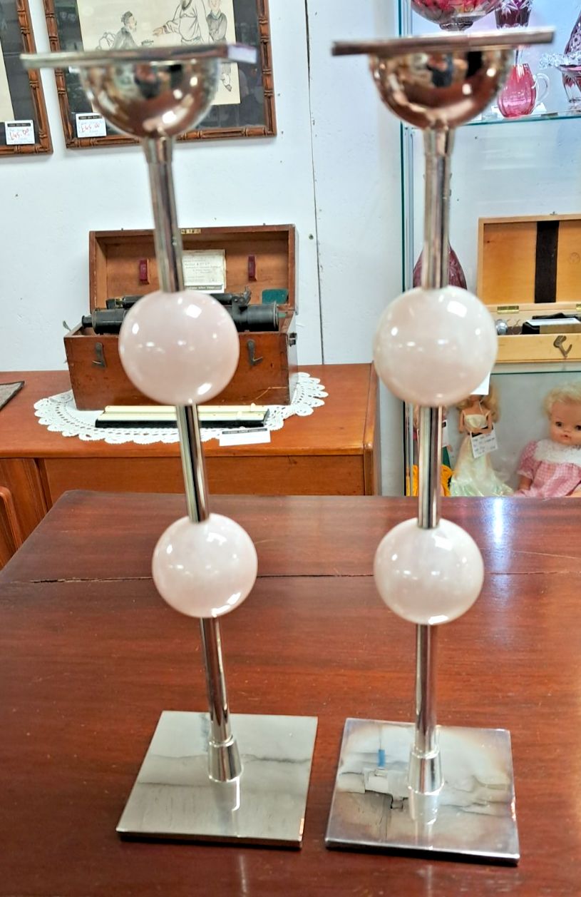 Pair Of Anna New York Chrome Metal & Pink Quartz Candlesticks As Found