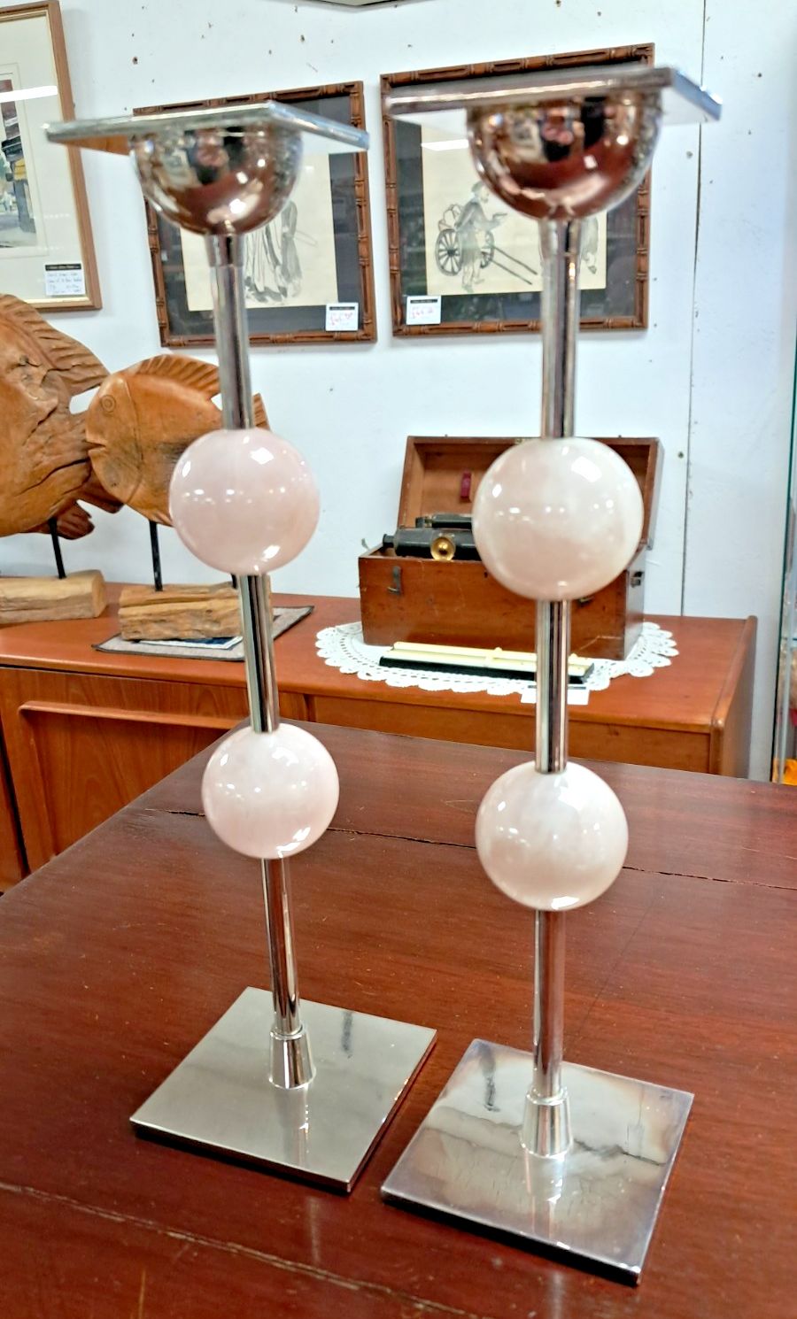 Pair Of Anna New York Chrome Metal & Pink Quartz Candlesticks As Found photo furniture