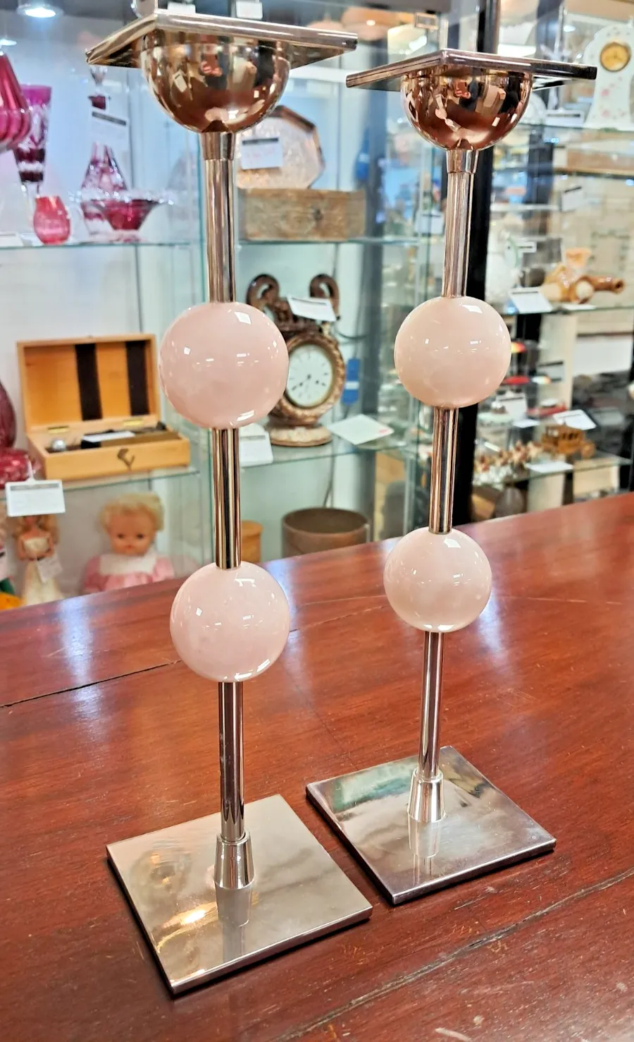 Pair Of Anna New York Chrome Metal & Pink Quartz Candlesticks As Found photo for sale