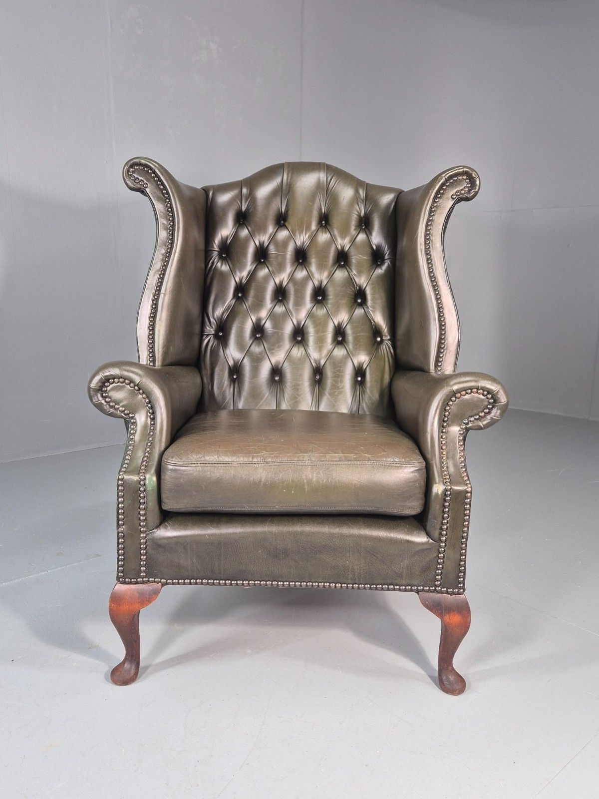 Vintage Wingback Leather Lounge Chair Queen Anne Style 1970s Retro Eb11532 Vlea photo 400.0