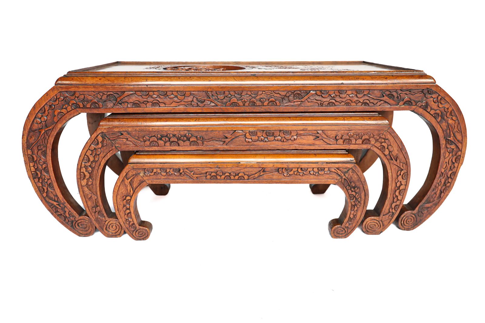 Teak Chinese Carved Nest Of 3 Coffee Tables 1950s/60s