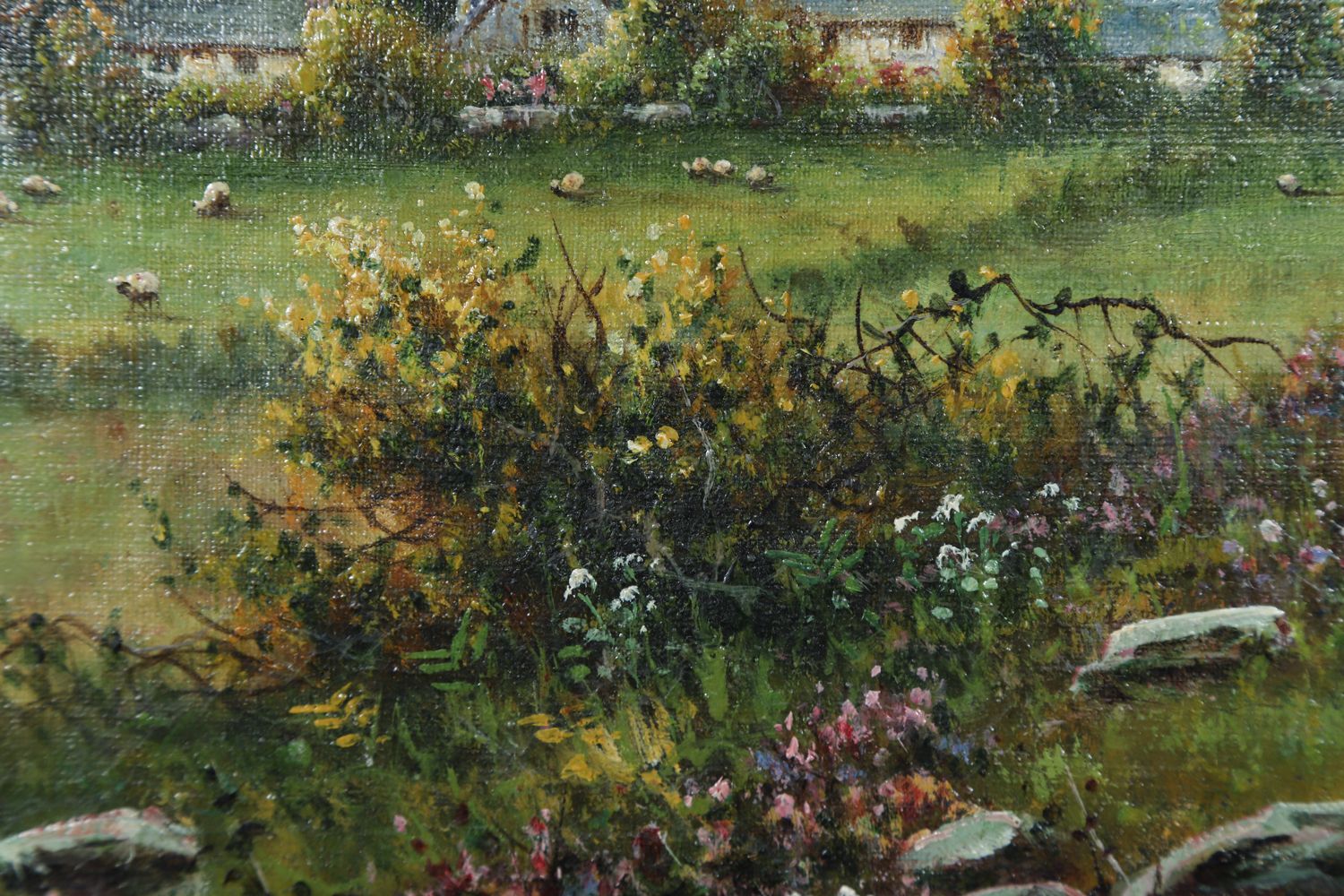 photo vinterior Small Antique English Oil Painting Picture Landscape Scene Of Widecombe Village By M. C. Hider (Circa 1920)