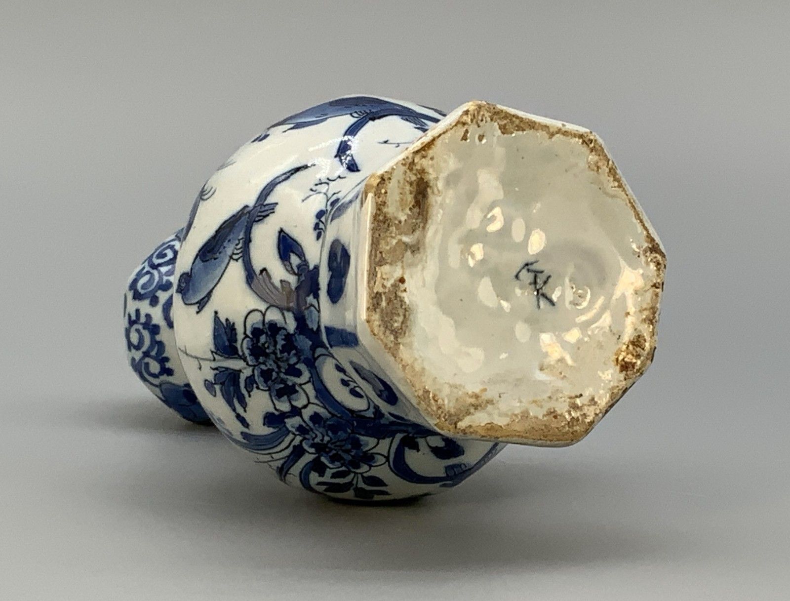 photo for sale Small 18th Century Dutch Delft Octagonal Chinoiserie Blue And White Faience Vase