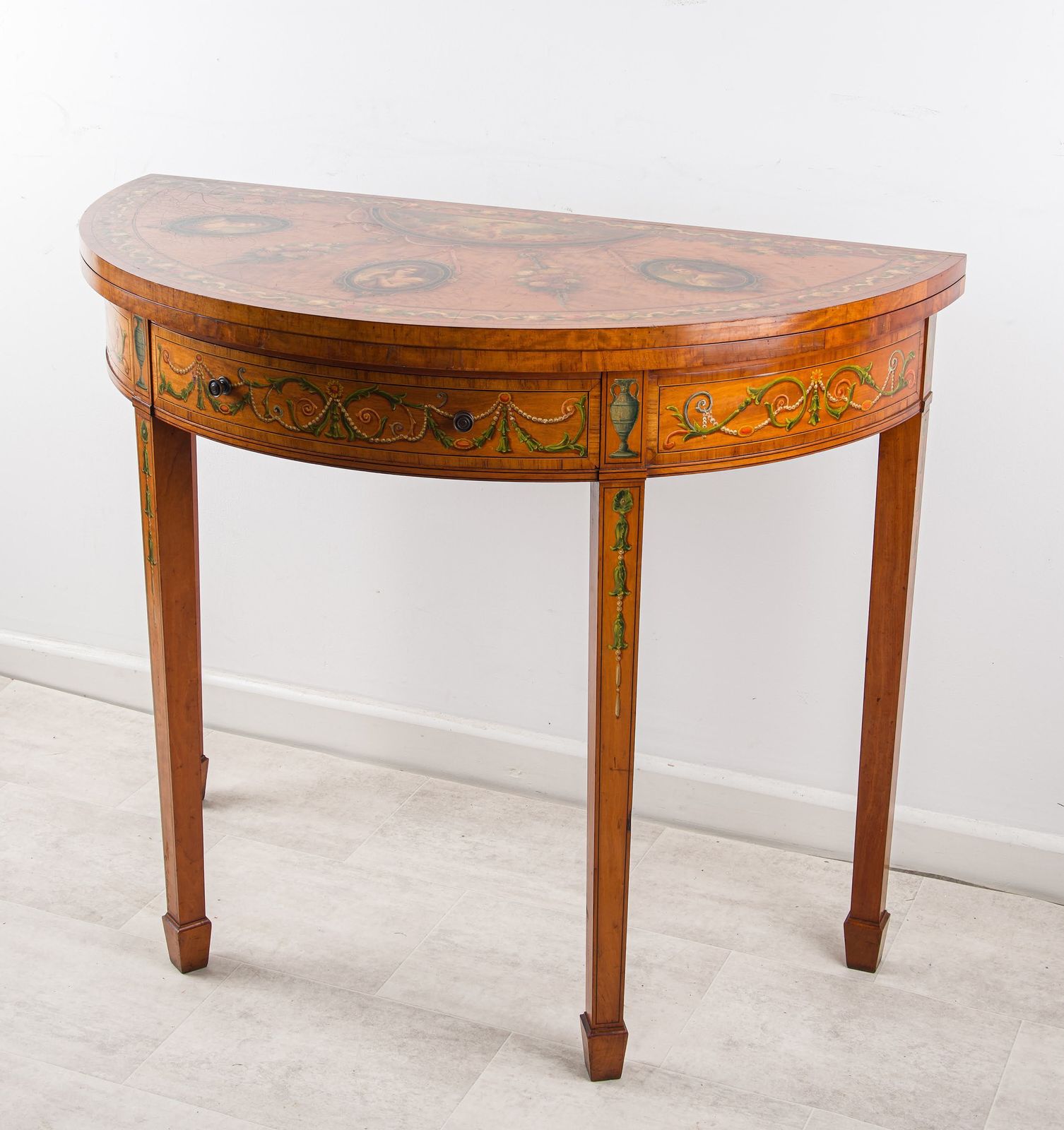 19th Century Painted Satinwood Demi Lune Games Table With Portrait Medallions photo furniture