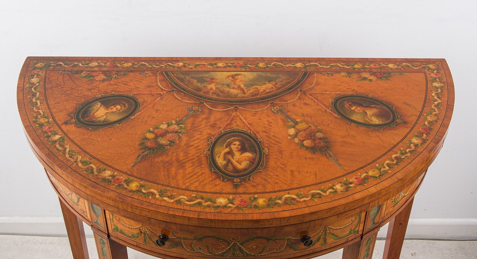 19th Century Painted Satinwood Demi Lune Games Table With Portrait Medallions photo for sale
