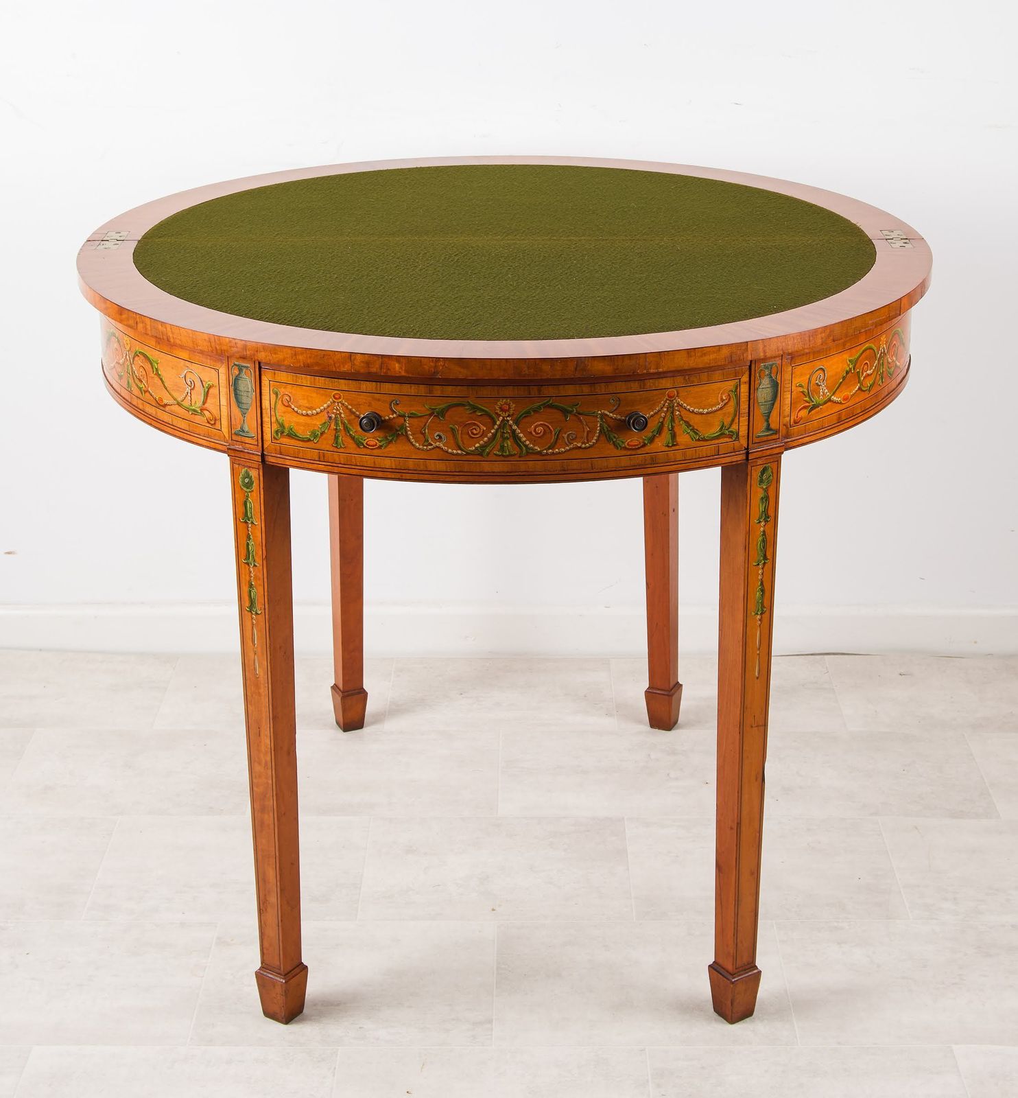 19th Century Painted Satinwood Demi Lune Games Table With Portrait Medallions photo vinterior