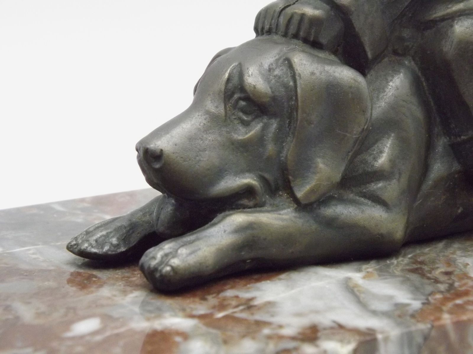 French Art Deco Table Lamp With Brown Marble Base Dog & Child Figure And White Opaline Glass Ball Shade photo vintage
