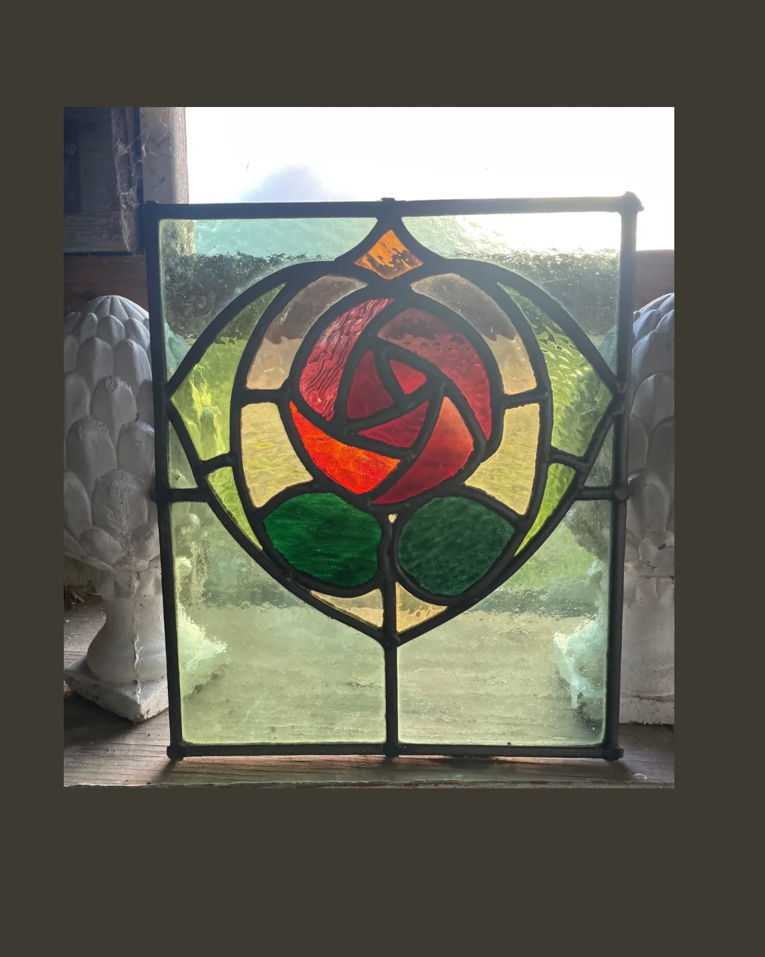 Art Nouveau Stained Glass Window Panel With Vibrant Red Rose Motif And Emerald Green Glass C1890. H35xw29cm (1 Part Of 2 Windows In The Family) photo vinterior
