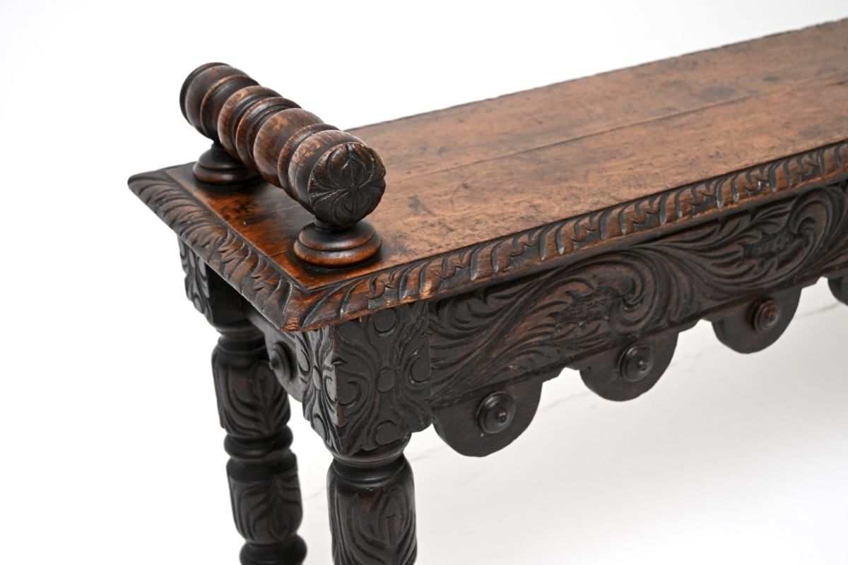 Antique Victorian Carved Oak Bench photo Furniture