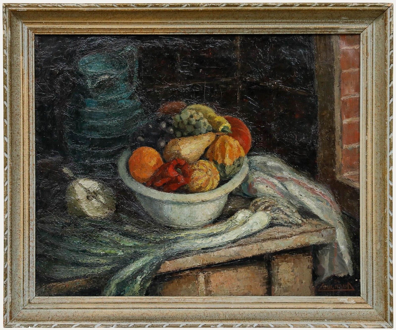 Lougnaud French School Mid 20th Century Oil, A Bowl Of Fruit With Leeks
