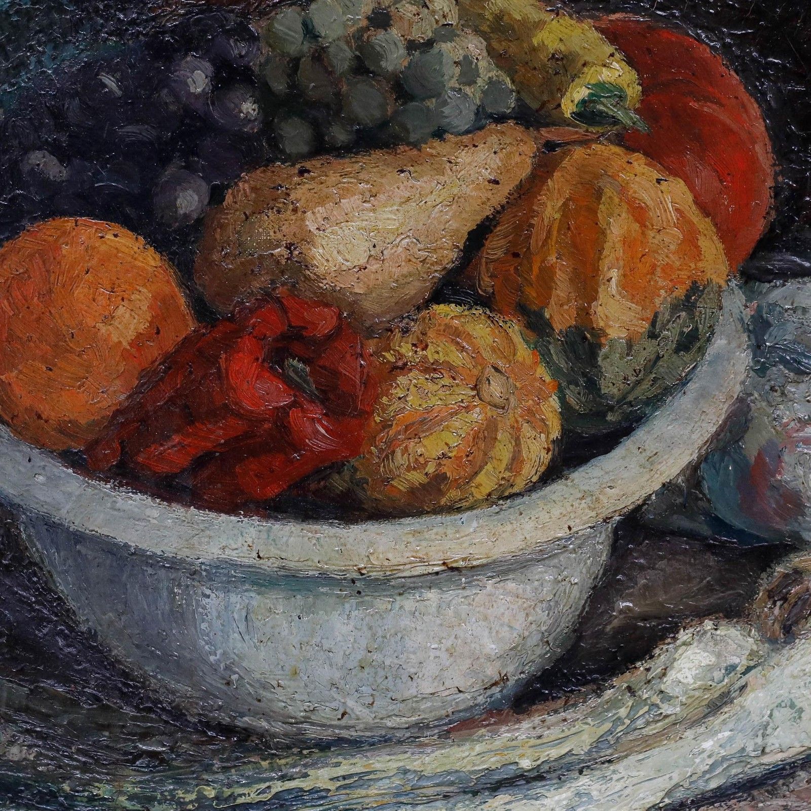 Lougnaud French School Mid 20th Century Oil, A Bowl Of Fruit With Leeks photo Art