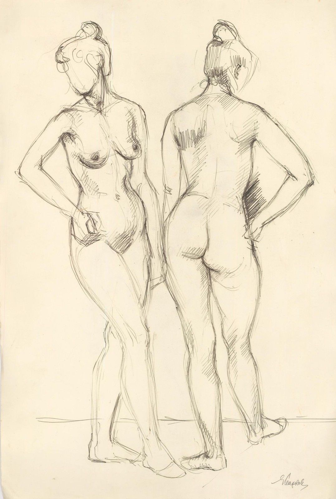 E.P. Clapholt Mid 20th Century Pen And Ink Drawing, Angles Of The Nude Model photo furniture