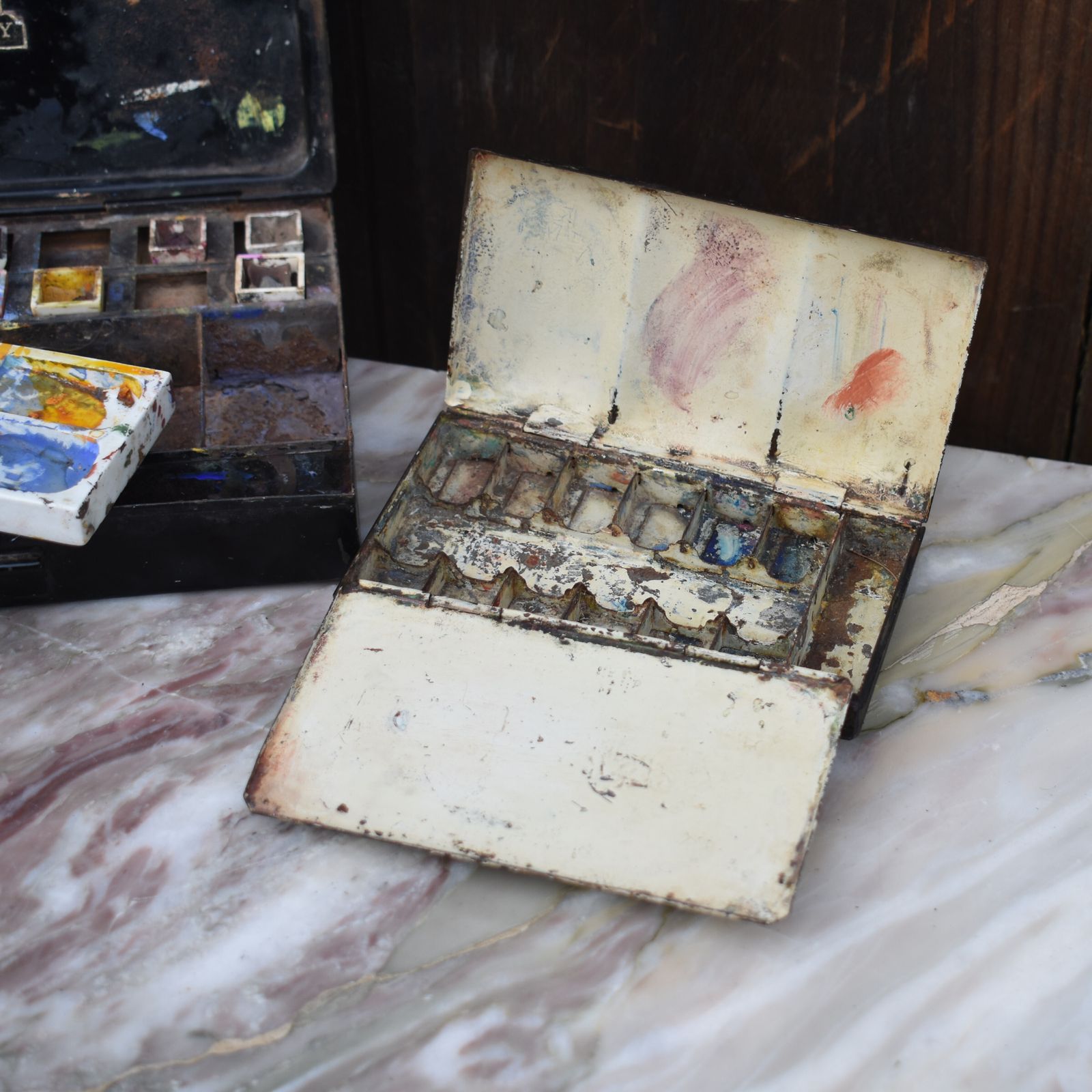Antique Winsor & Newton Rowney Metal Travel Tins Artists Travel Paint Boxes Pair photo Home Decor