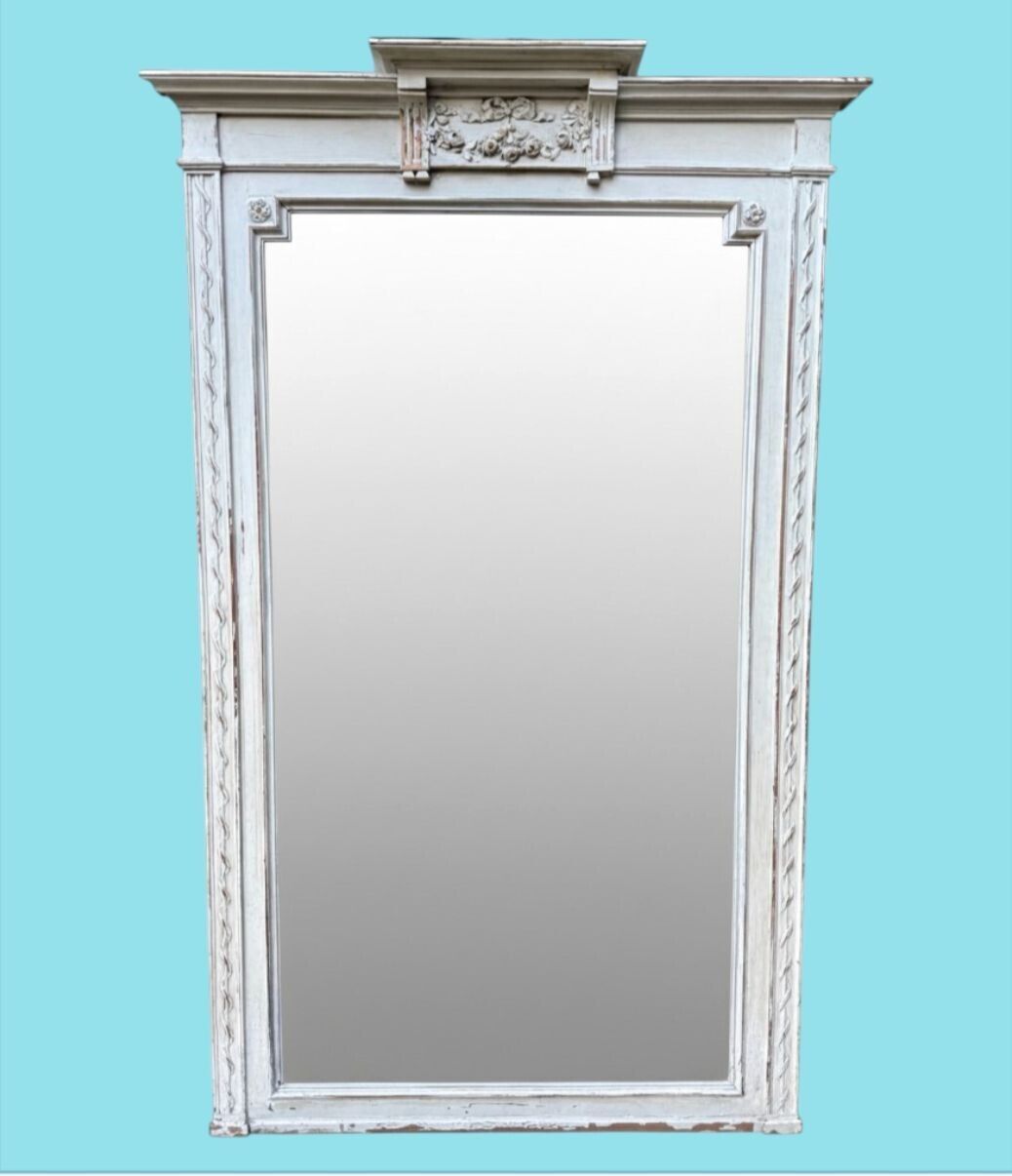 A Large French Full Length 1880s Painted Over Mantle Mirror With Original Shaped Bevel photo vintage
