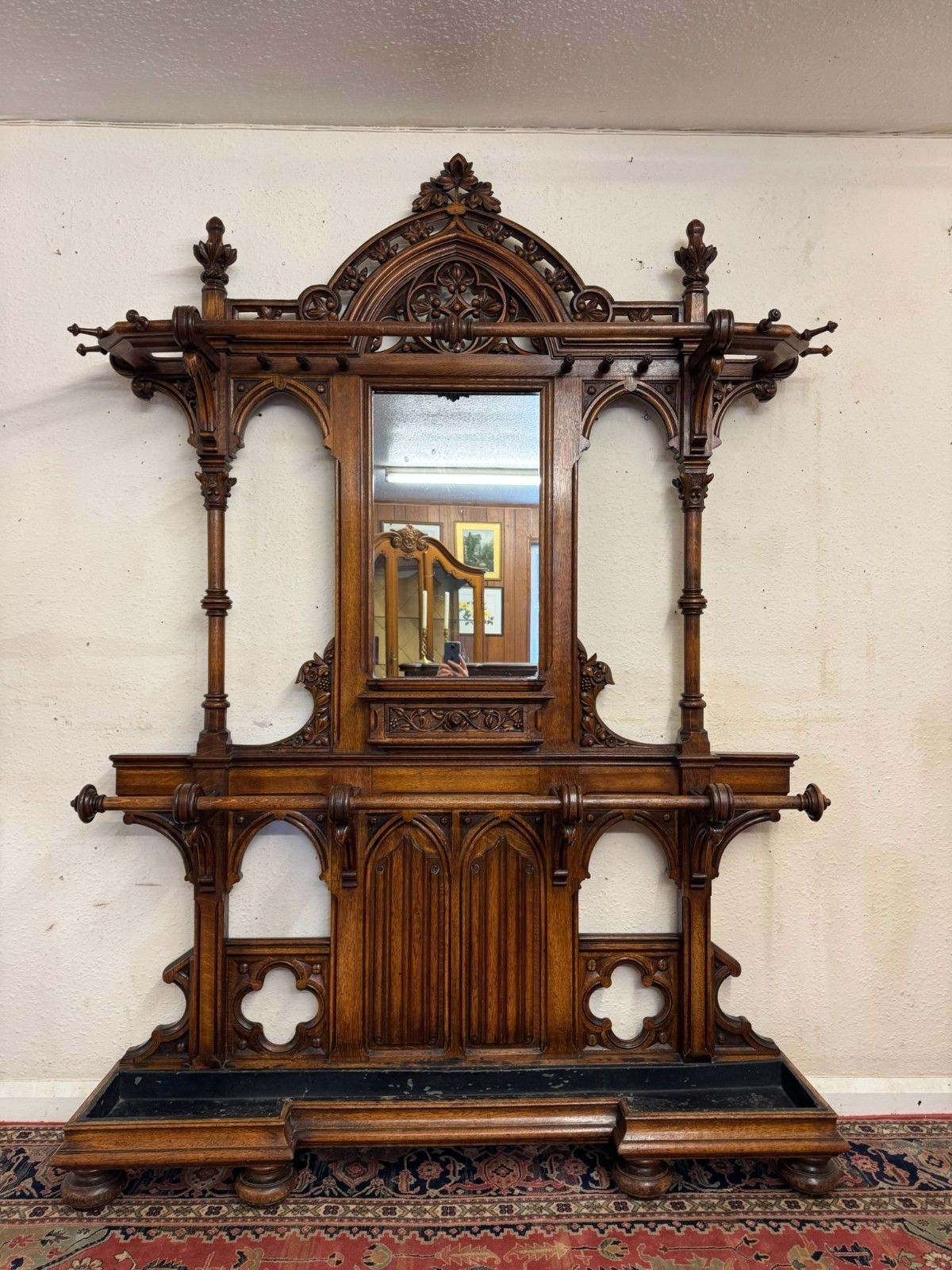English Country House Antique Gothic Revival Carved Oak Hallstand Circa 1885 photo for sale