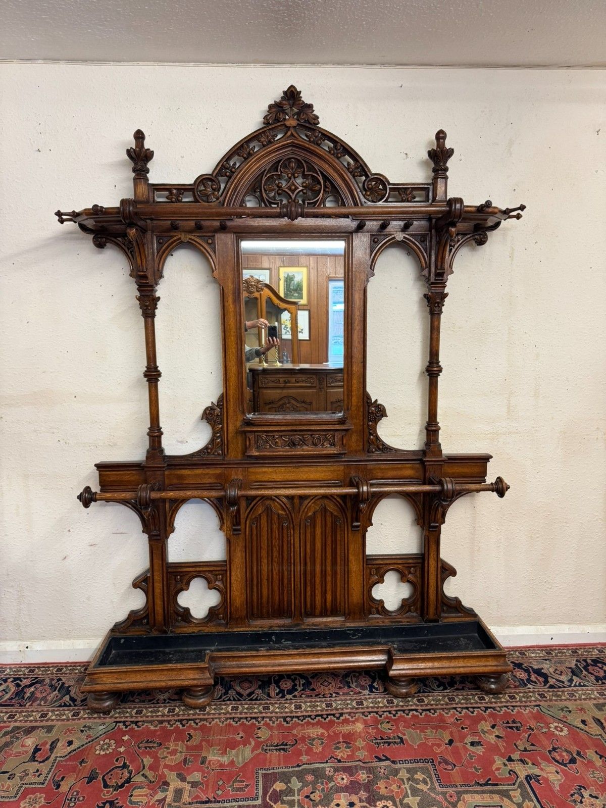 English Country House Antique Gothic Revival Carved Oak Hallstand Circa 1885 photo vintage