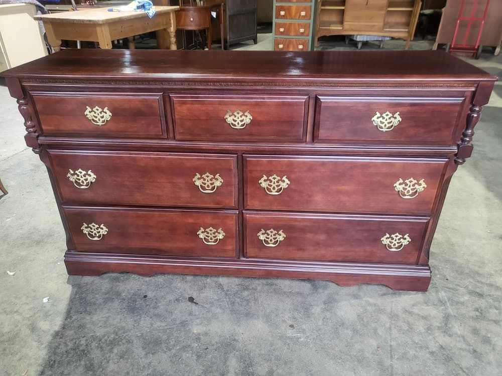 Antique Repro Low Long Chest Of Drawers 3 Over 4