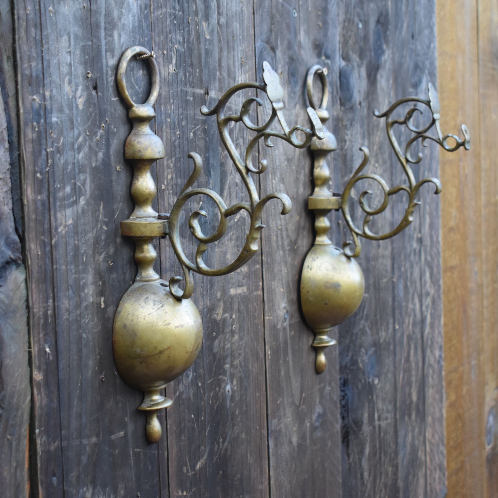 Antique Salvage Brass Ornate Scroll Half Orb Wall Hanging Brackets Pair