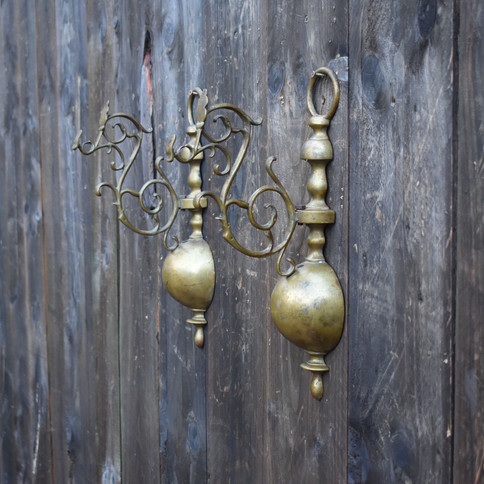 Antique Salvage Brass Ornate Scroll Half Orb Wall Hanging Brackets Pair photo buy