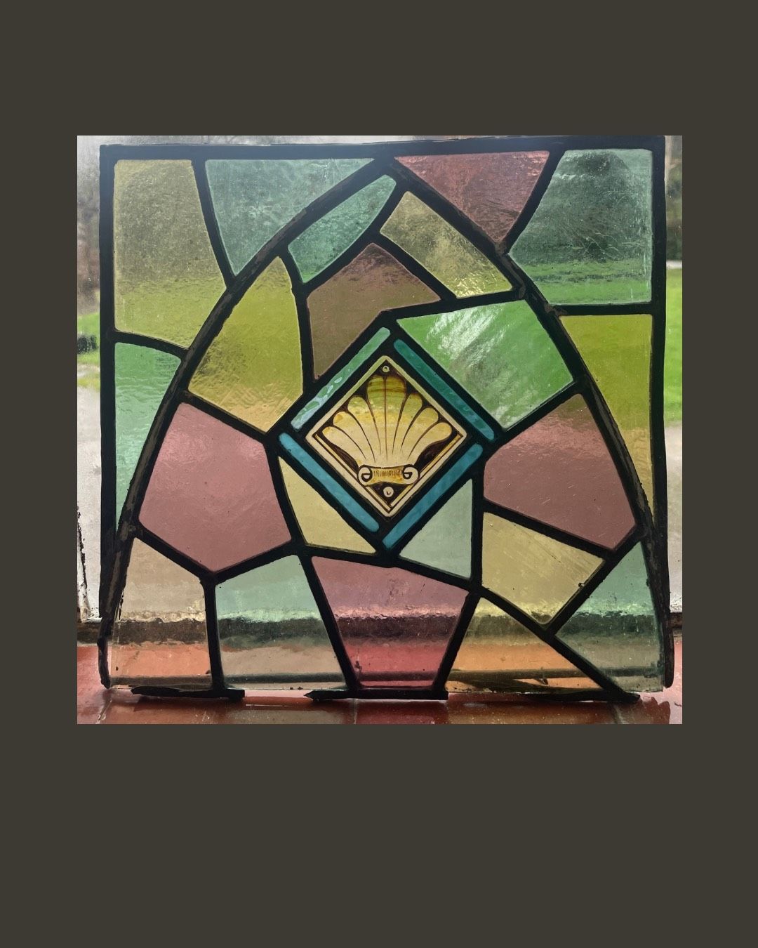 Victorian Stained Glass Window Panel Hand Painted Shell Motif Soft Pastel Colour Glass C.1890 H34xw35cm