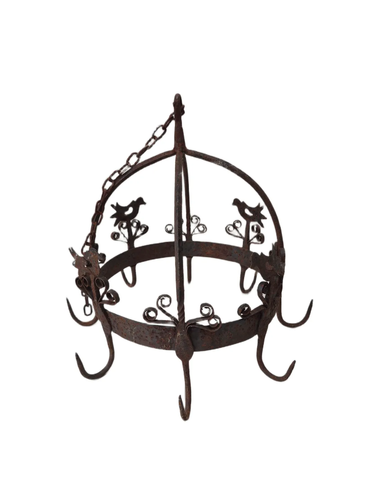 Antique French Heavy Wrought Iron Crown Pan Hanger Or Game Hanger With 8 Hooks photo for sale