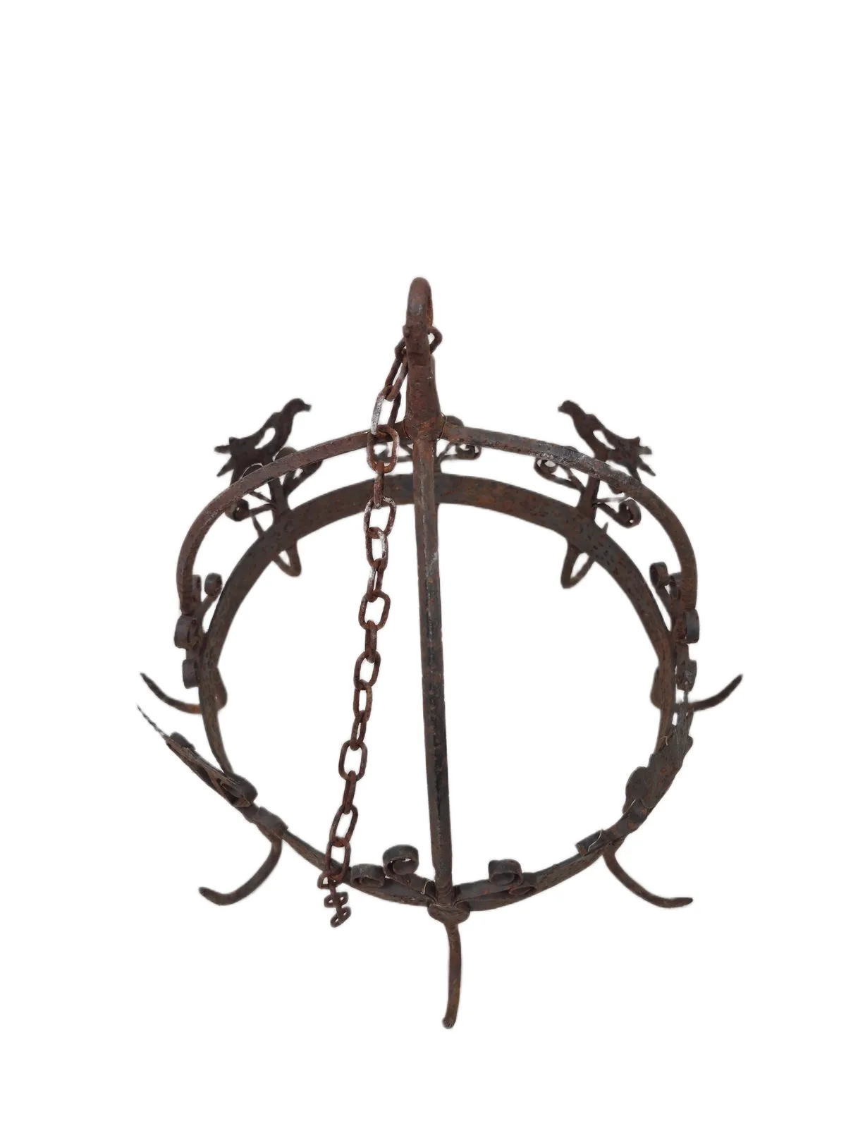 195.0 Antique French Heavy Wrought Iron Crown Pan Hanger Or Game Hanger With 8 Hooks photo