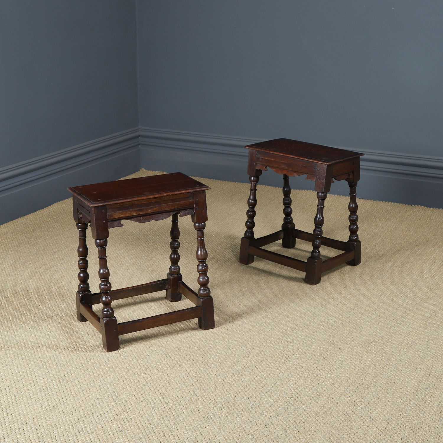 Antique English Pair Of 17th Century Style Oak Joint Stools / Occasional / Bedside Tables (Circa 1880)