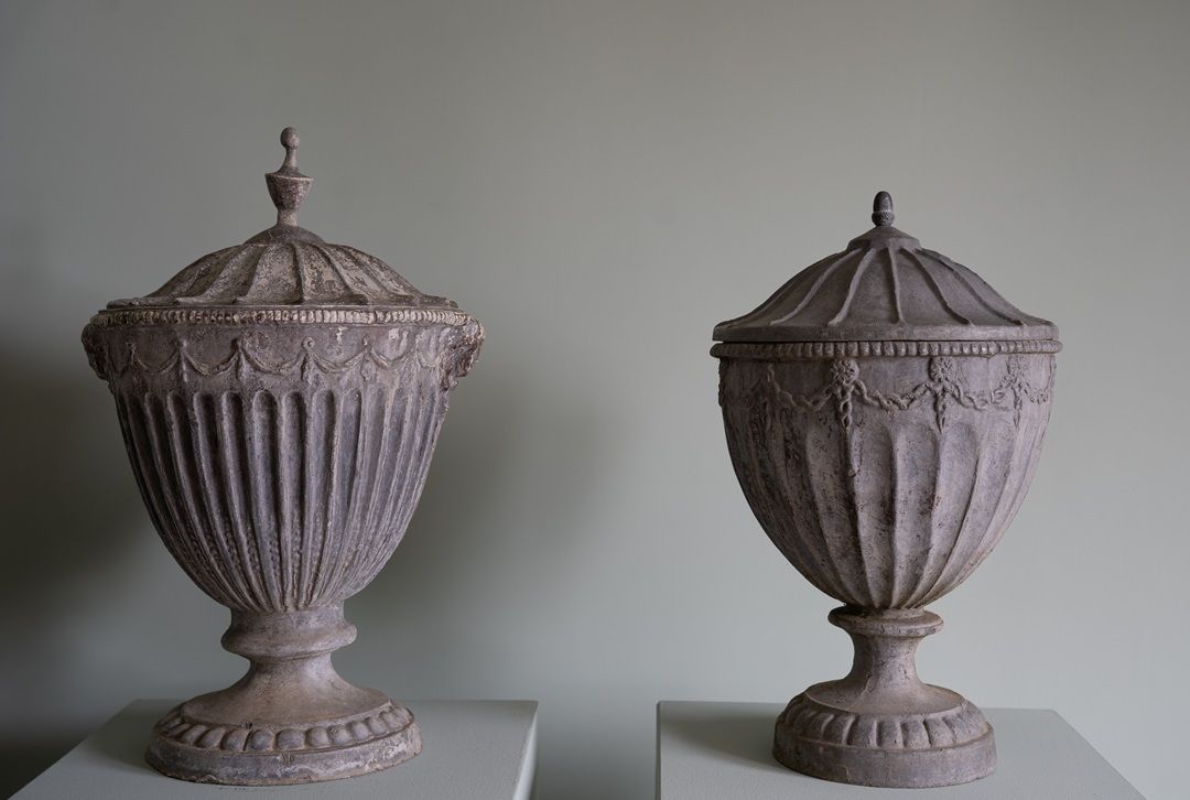 Near Pair Of Heavy Garden Lead Urns
