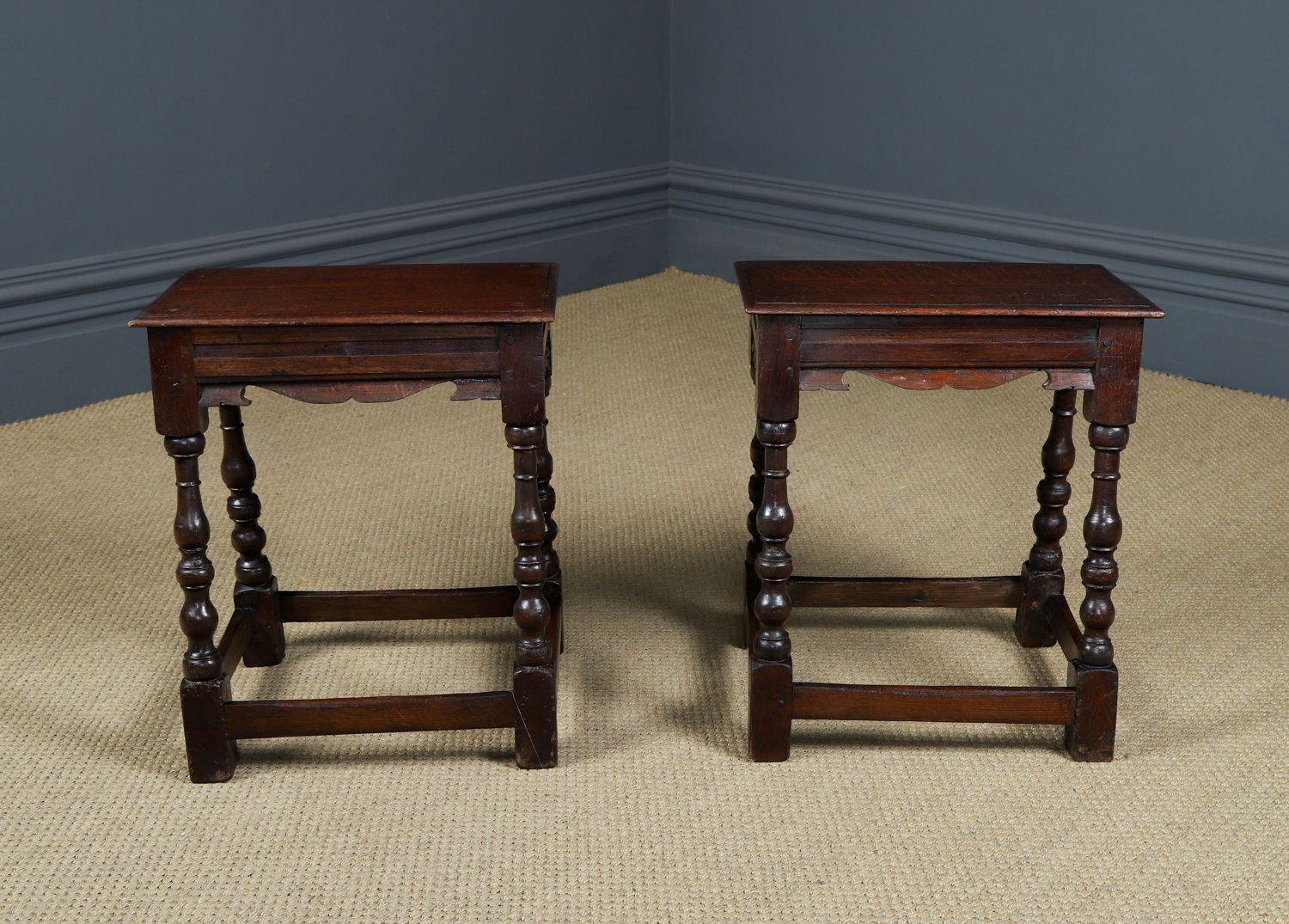 Antique English Pair Of 17th Century Style Oak Joint Stools / Occasional / Bedside Tables (Circa 1880) photo vinterior