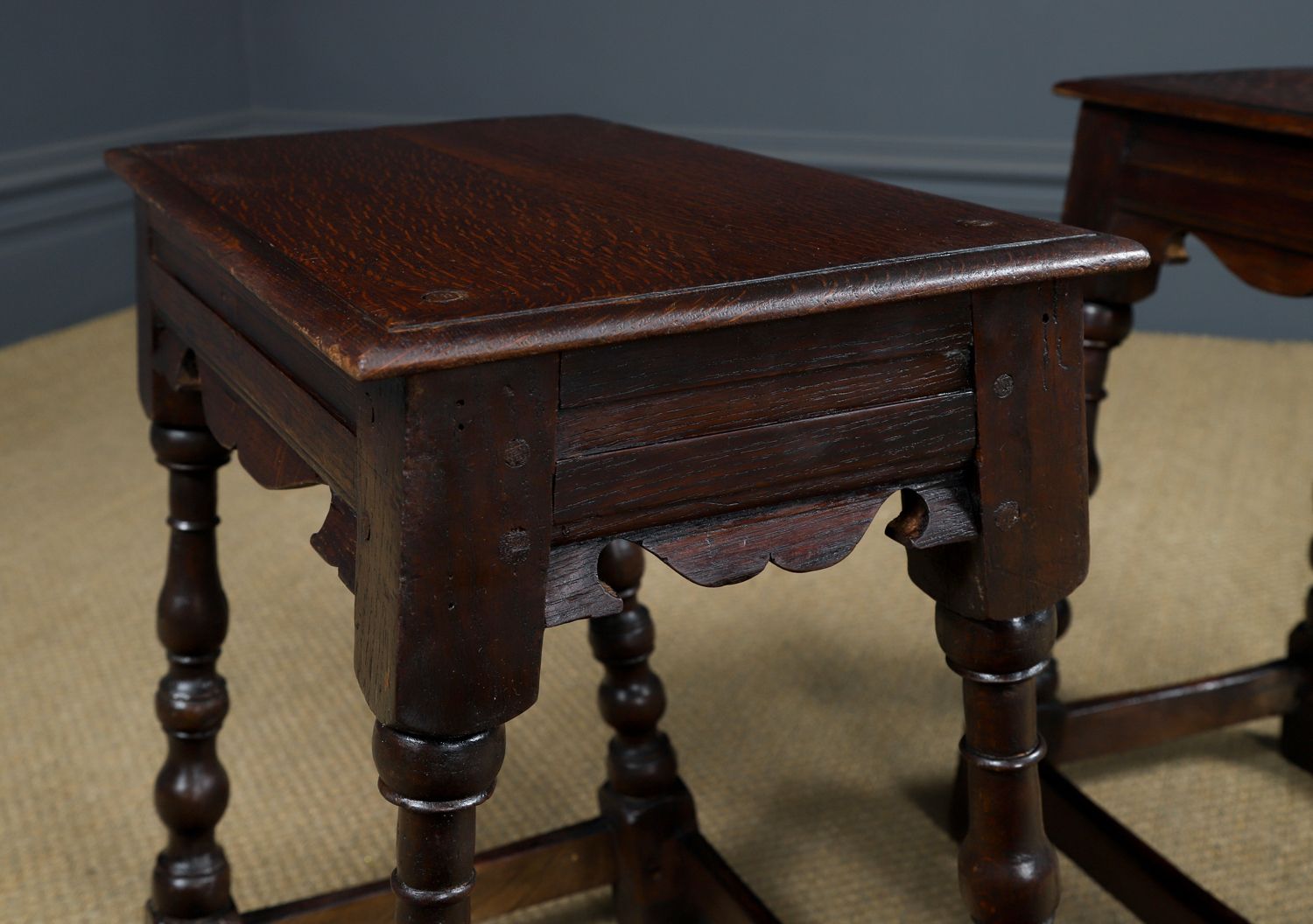 1695.0 Antique English Pair Of 17th Century Style Oak Joint Stools / Occasional / Bedside Tables (Circa 1880) photo