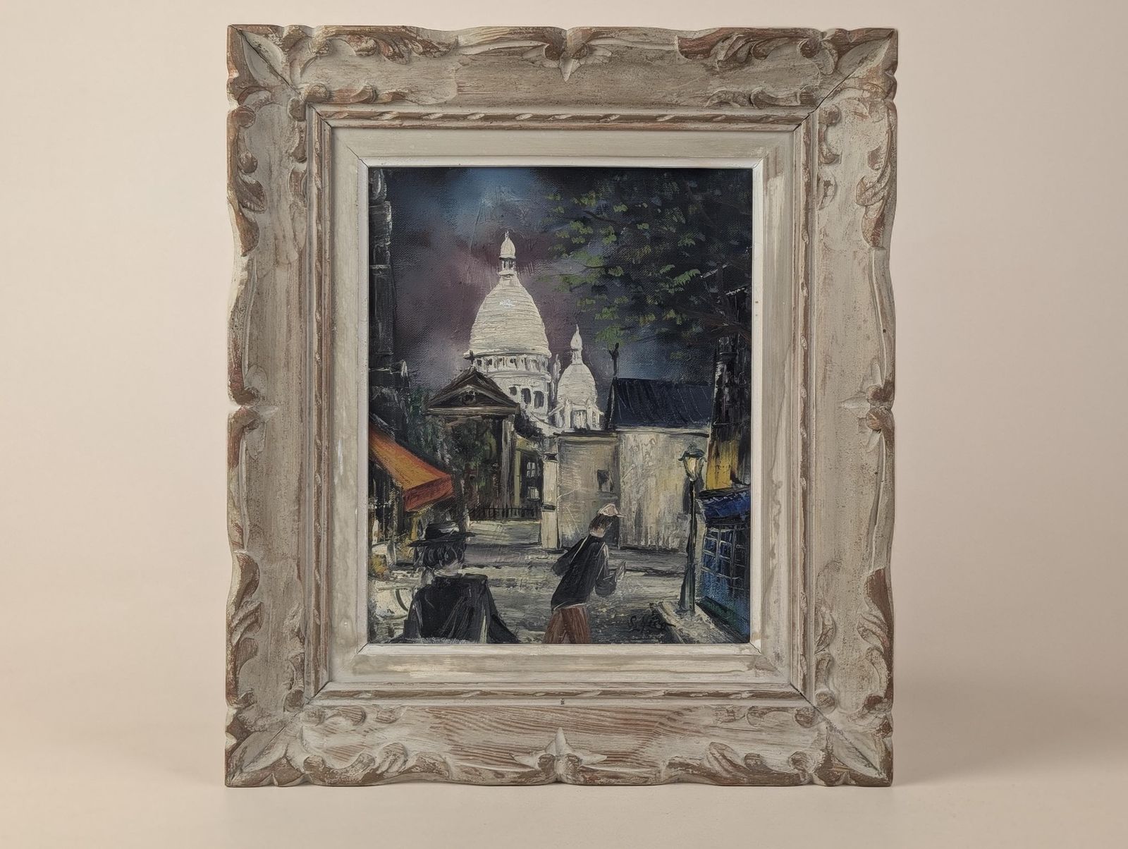 French Sacré Cœur Paris Night Oil Painting Art: Signed S. Nico Montmartre Street Scene In Hand Carved Frame photo vintage