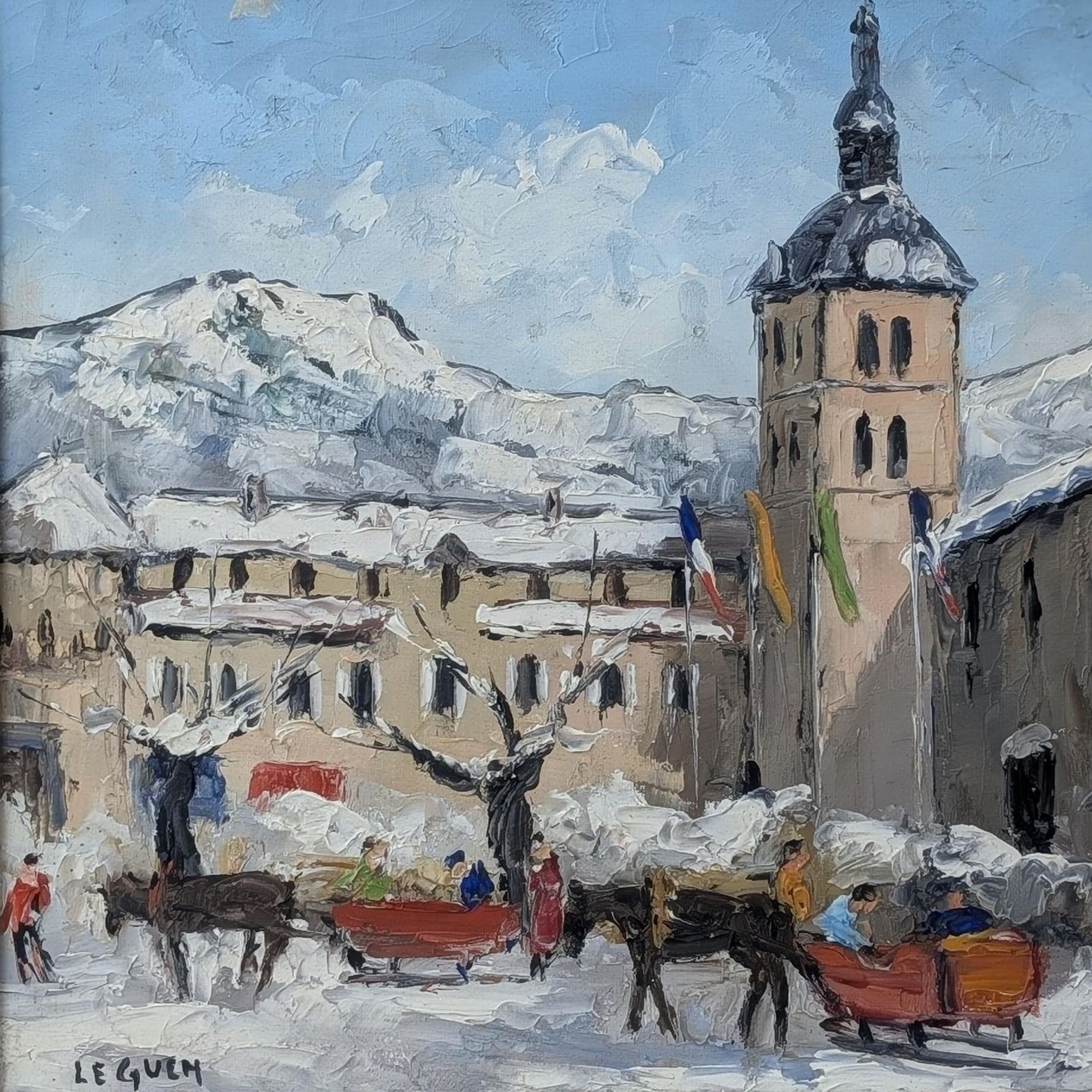 French Alps Winter Village Oil Painting On Canvas: Mid Century Impasto Snow Scene photo furniture