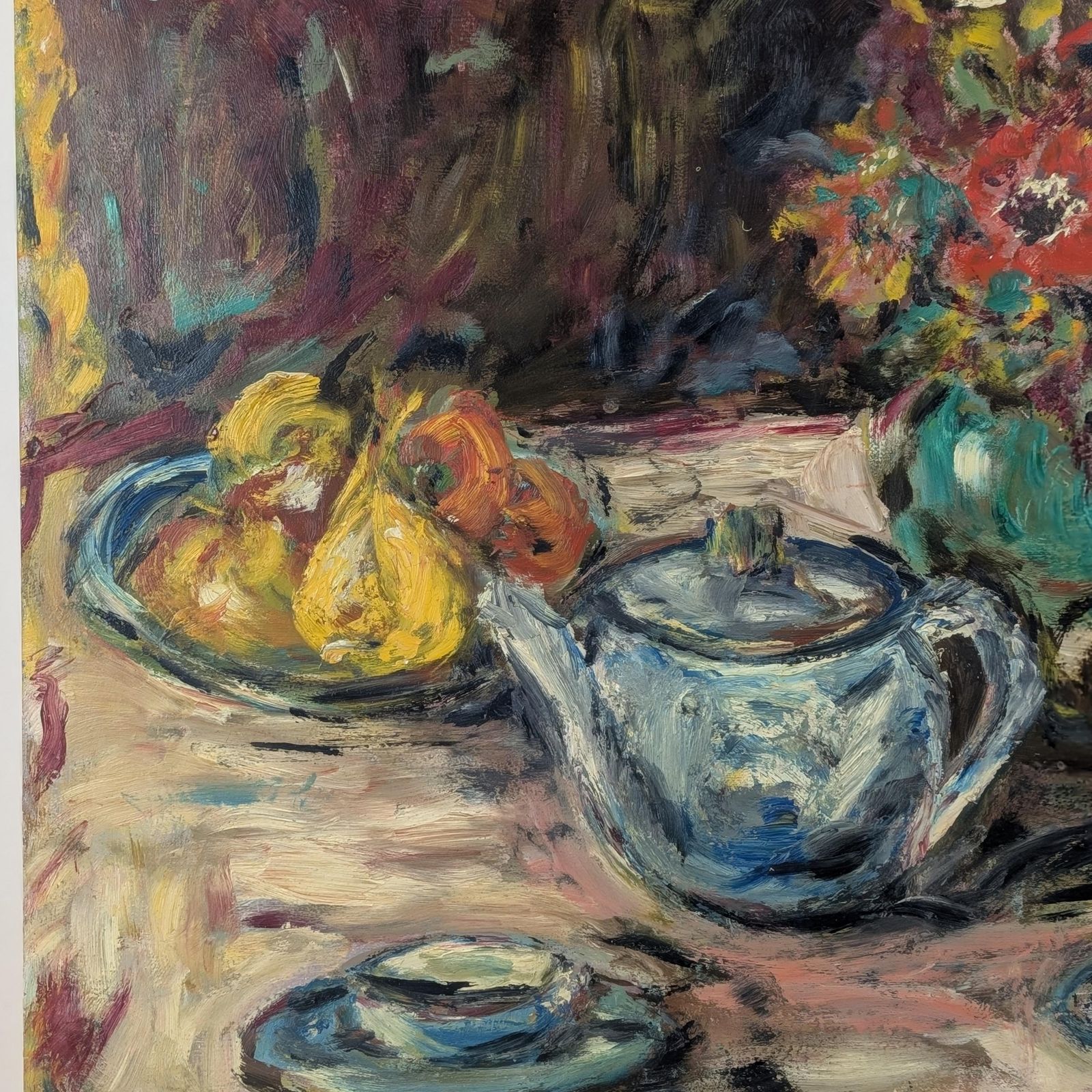 French Still Life Oil Painting Signed Maljeirac: Large Floral Teapot Canvas Board, Blue & Yellow Mid Century Impasto Wall Art photo Art