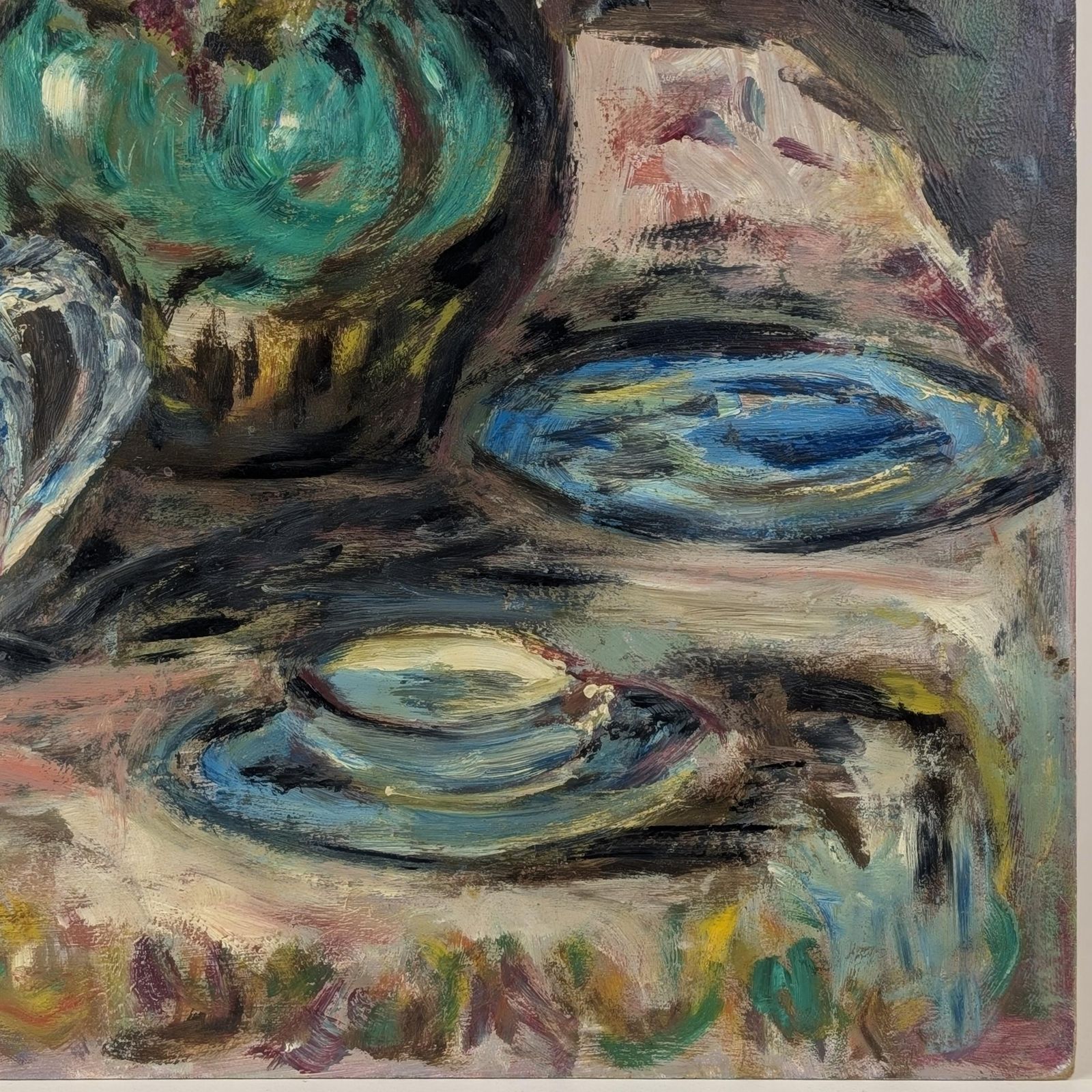 French Still Life Oil Painting Signed Maljeirac: Large Floral Teapot Canvas Board, Blue & Yellow Mid Century Impasto Wall Art photo 327.0