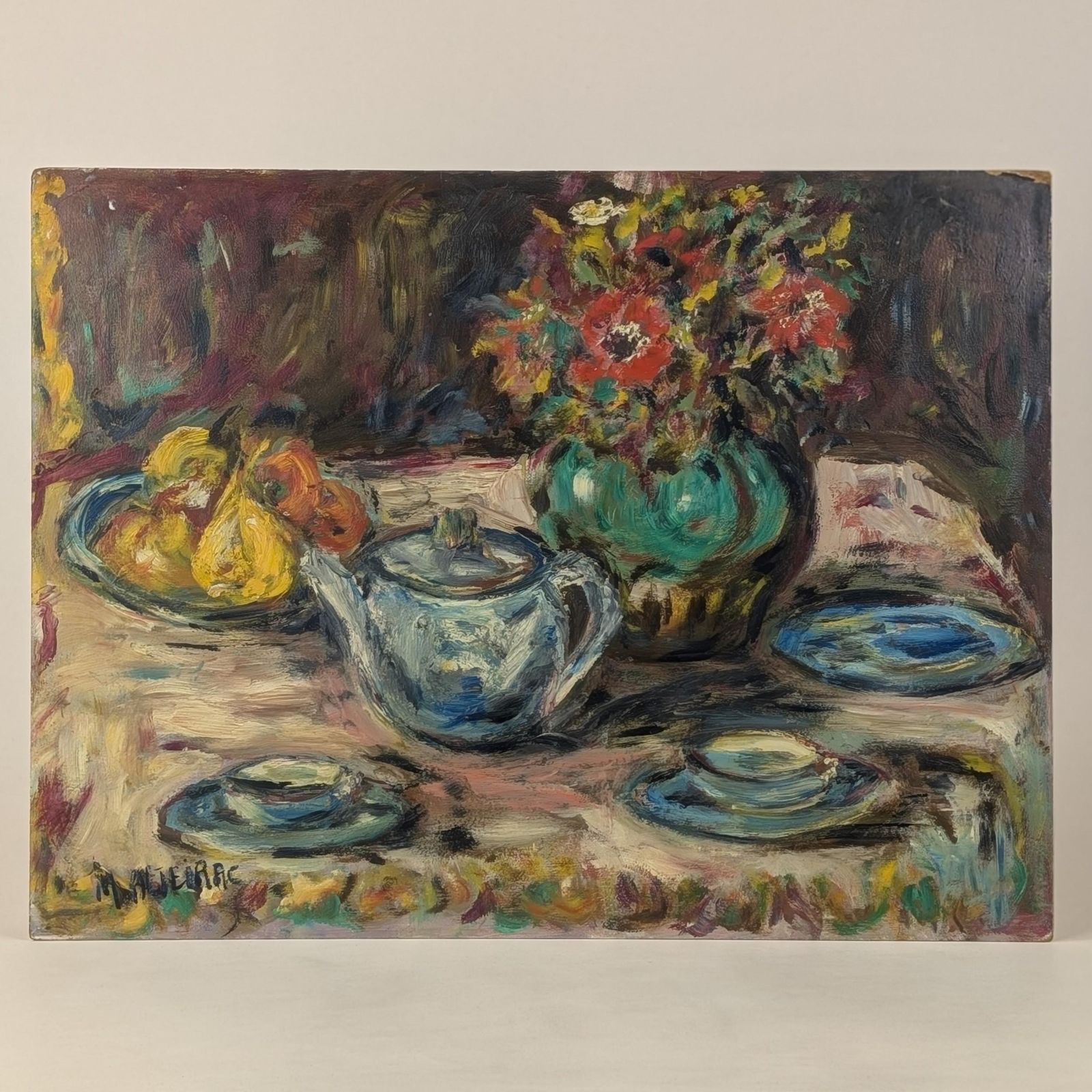 photo for sale French Still Life Oil Painting Signed Maljeirac: Large Floral Teapot Canvas Board, Blue & Yellow Mid Century Impasto Wall Art