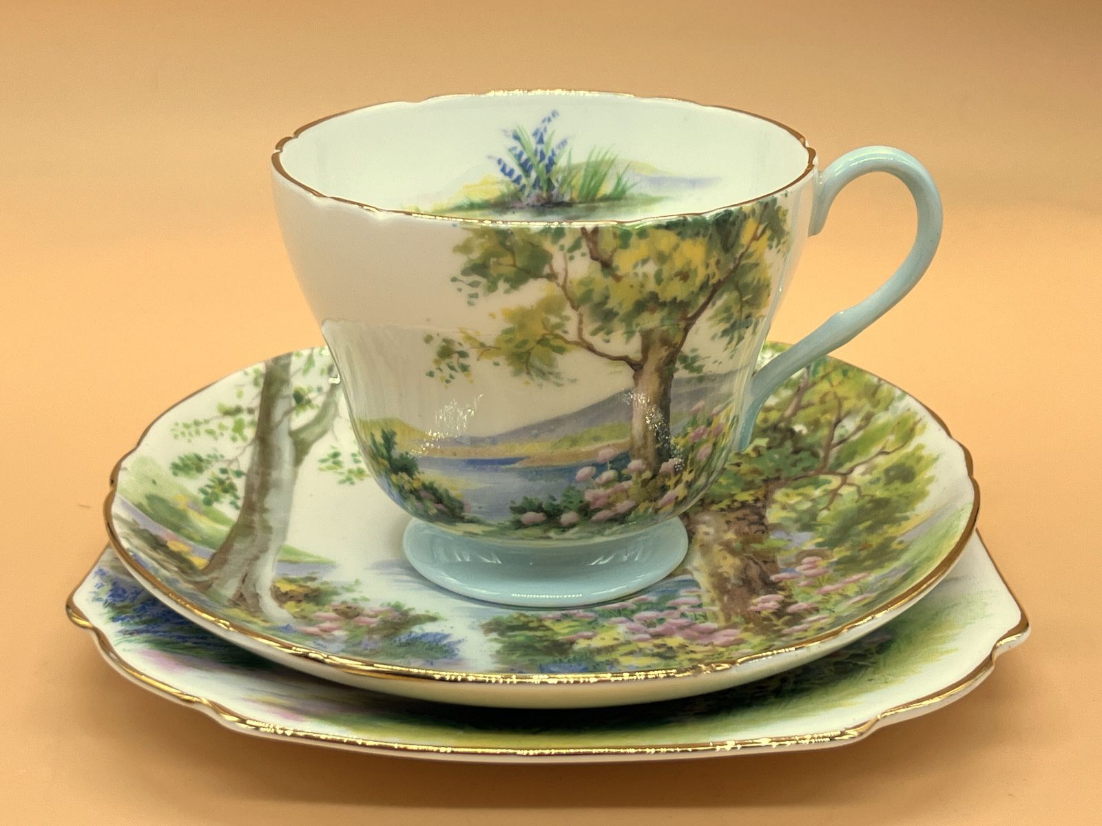 Vintage Shelley China Woodland Design Richmond Shape Tea Cup, Saucer And Side Plate Trio. 13348. photo vinterior