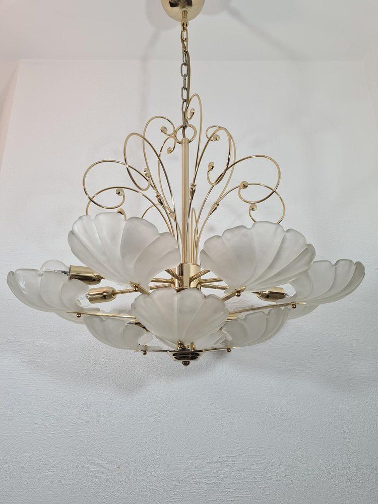 Frosted Glass And Brass Chandelier From Deknudt, Belgium, 1970s photo for sale
