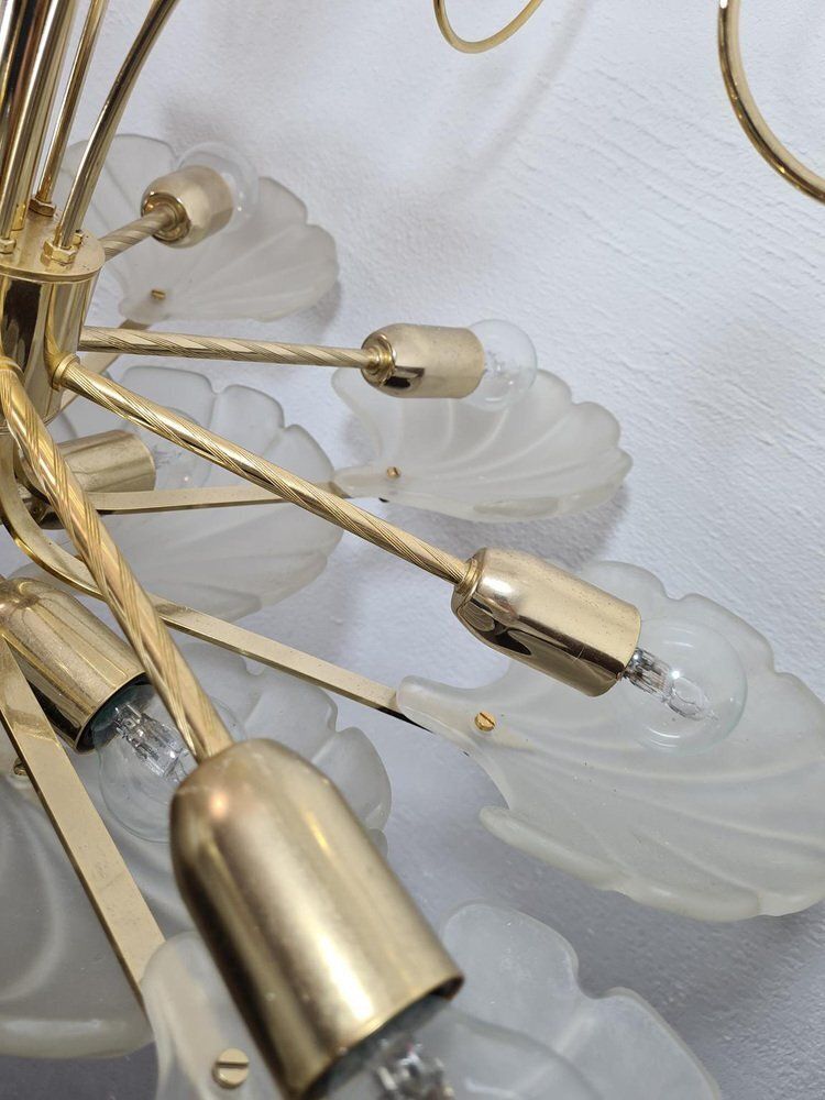 Frosted Glass And Brass Chandelier From Deknudt, Belgium, 1970s photo buy