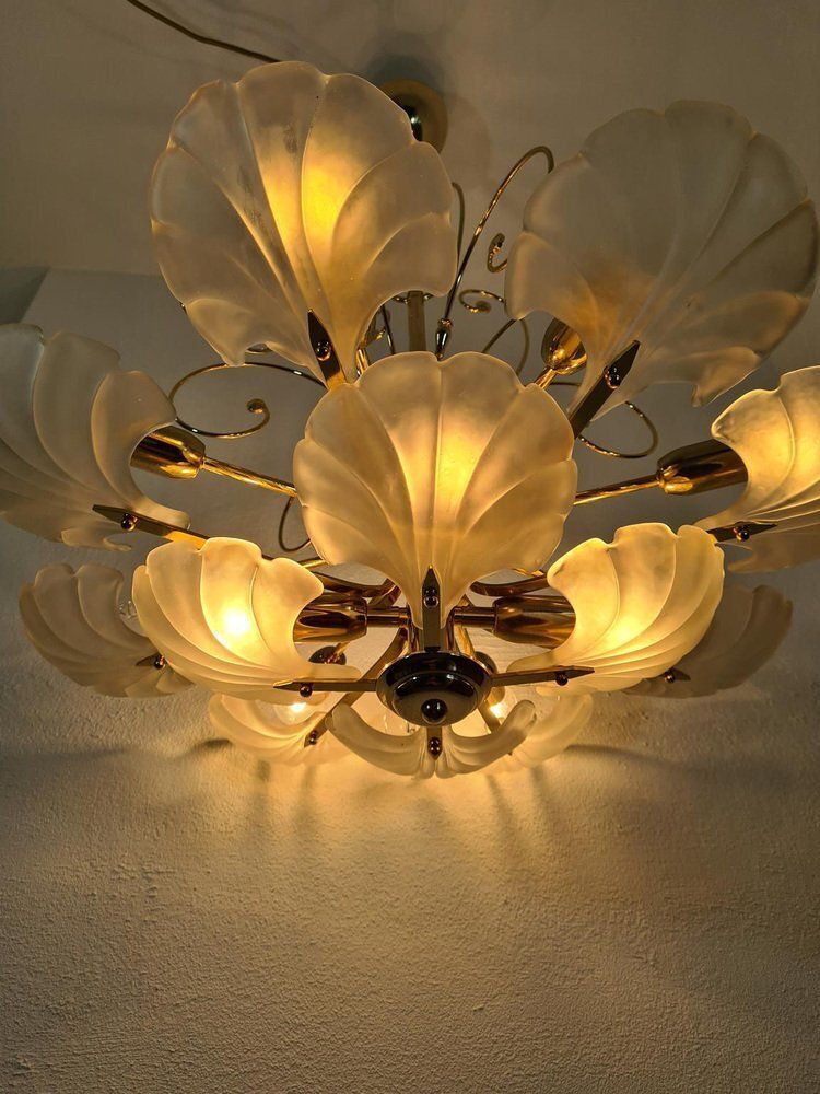 photo for sale Frosted Glass And Brass Chandelier From Deknudt, Belgium, 1970s