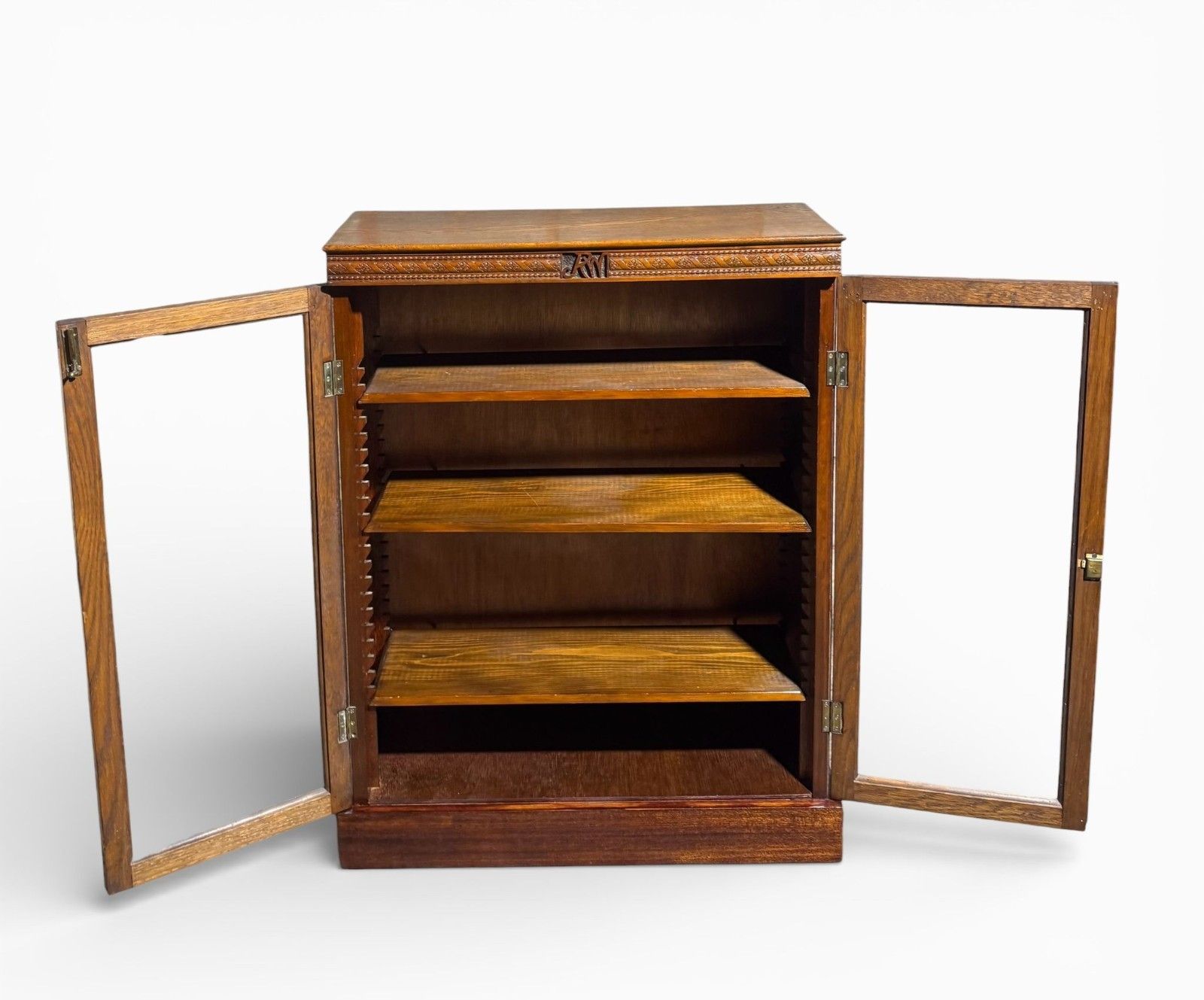 Antique Carved Oak Bookcase Initialed R.M C 1900 Rare Adjustable Shelves photo vinterior