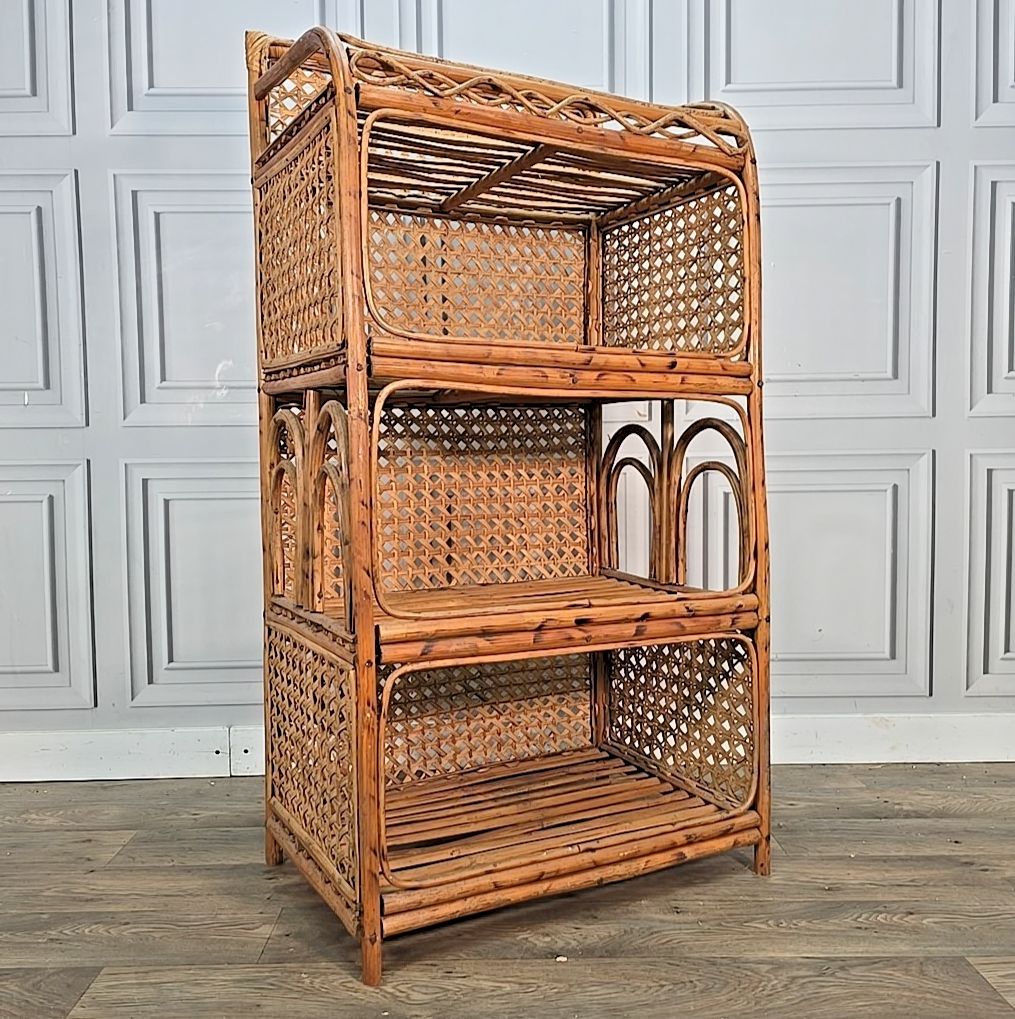 Retro Vintage Bookcase Rattan & Wicker Shelving Unit – Boho Cane Mid Century Mcm photo furniture