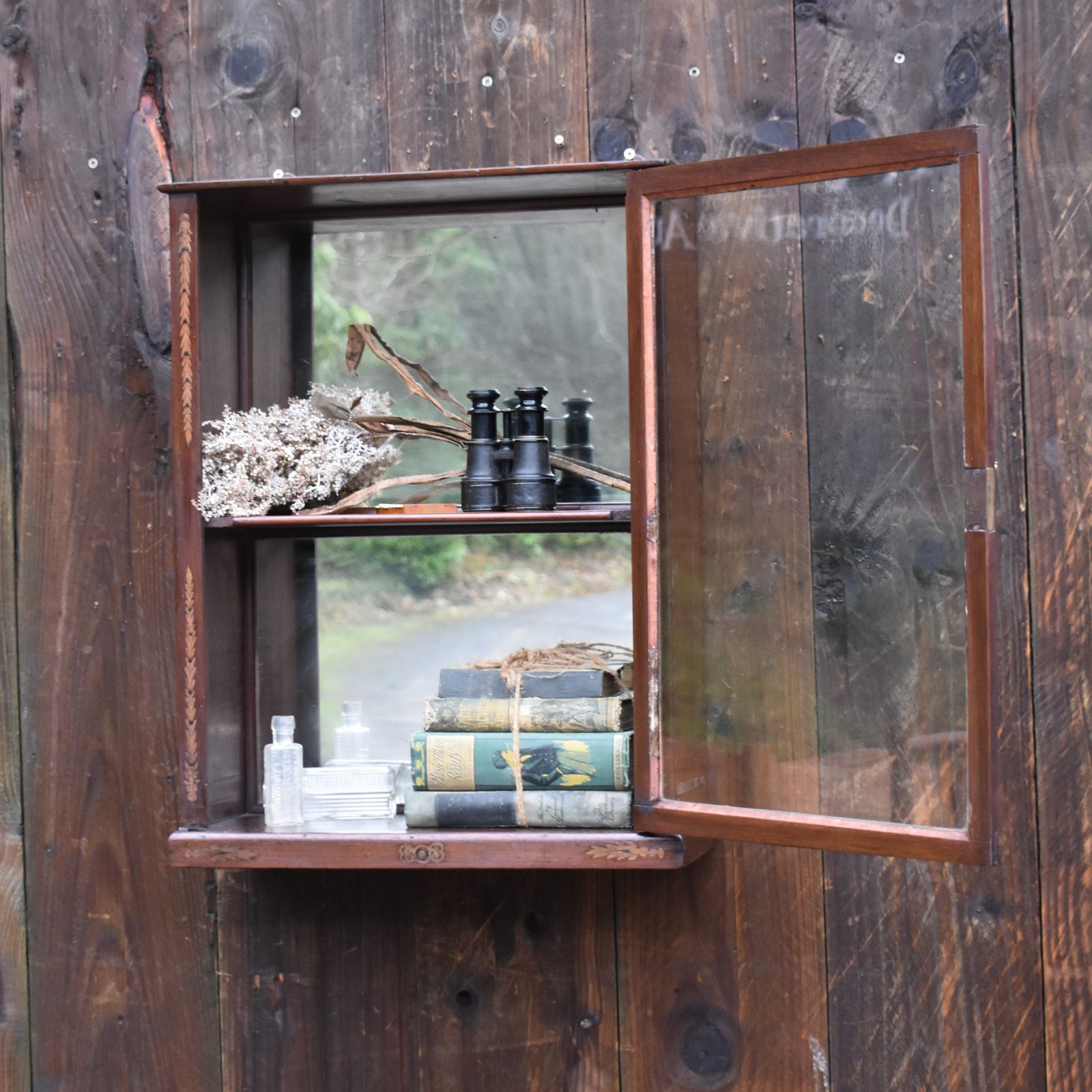photo furniture Antique Georgian French Walnut Inlaid Mirrored Bathroom Kitchen Display Cabinet
