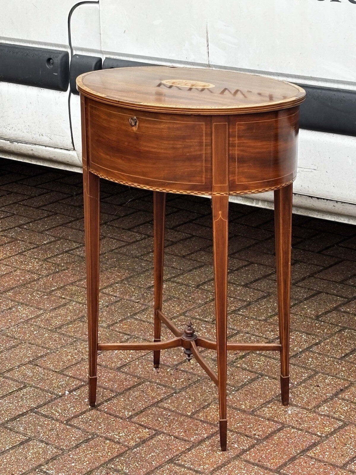 Furniture Sheraton Revival Inlaid Satinwood Side Table, Lamp Table, Work Box, On Castors. photo